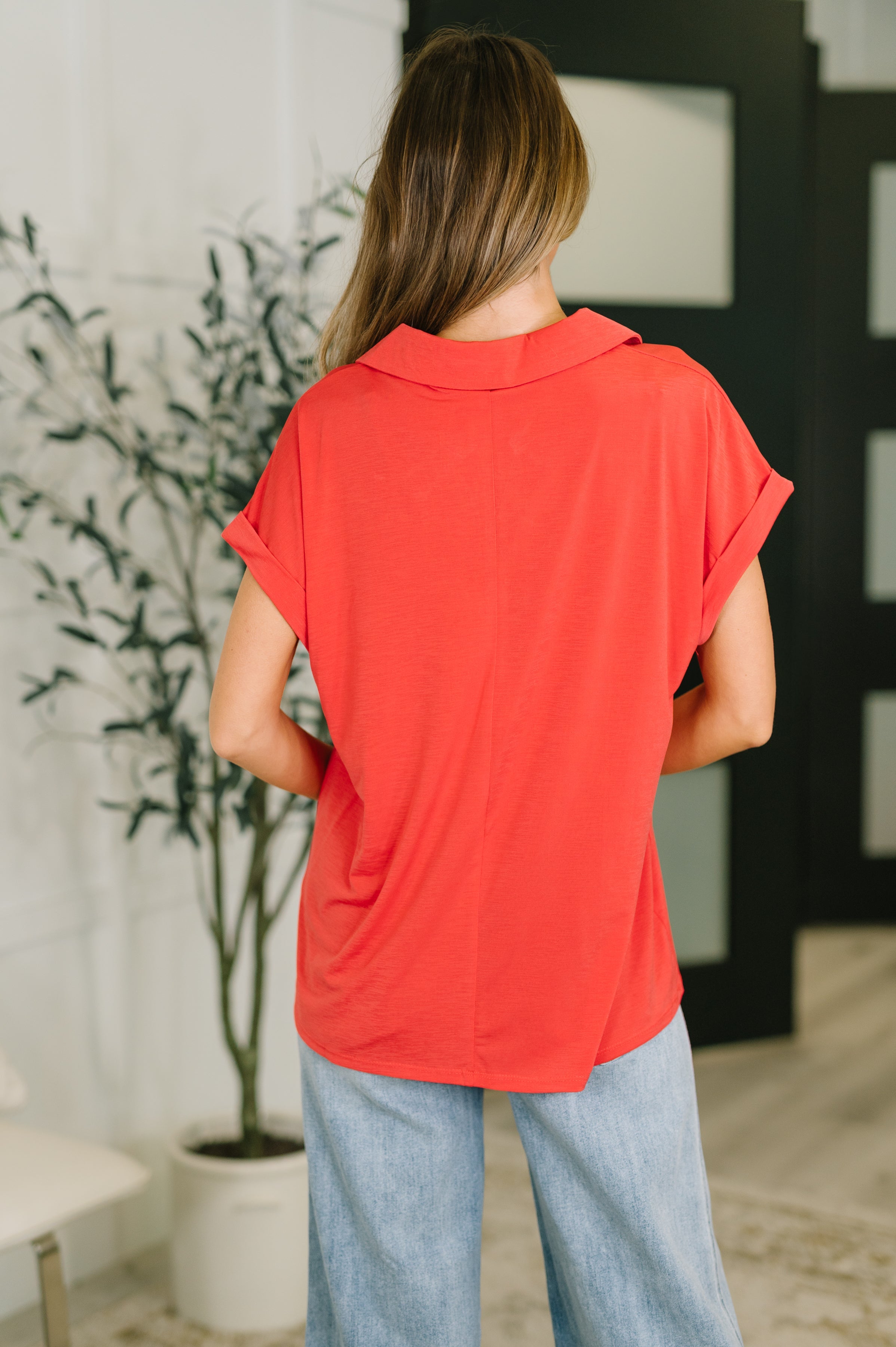 Dear Scarlett Sea You Soon Collared Top in Hot Coral Womens