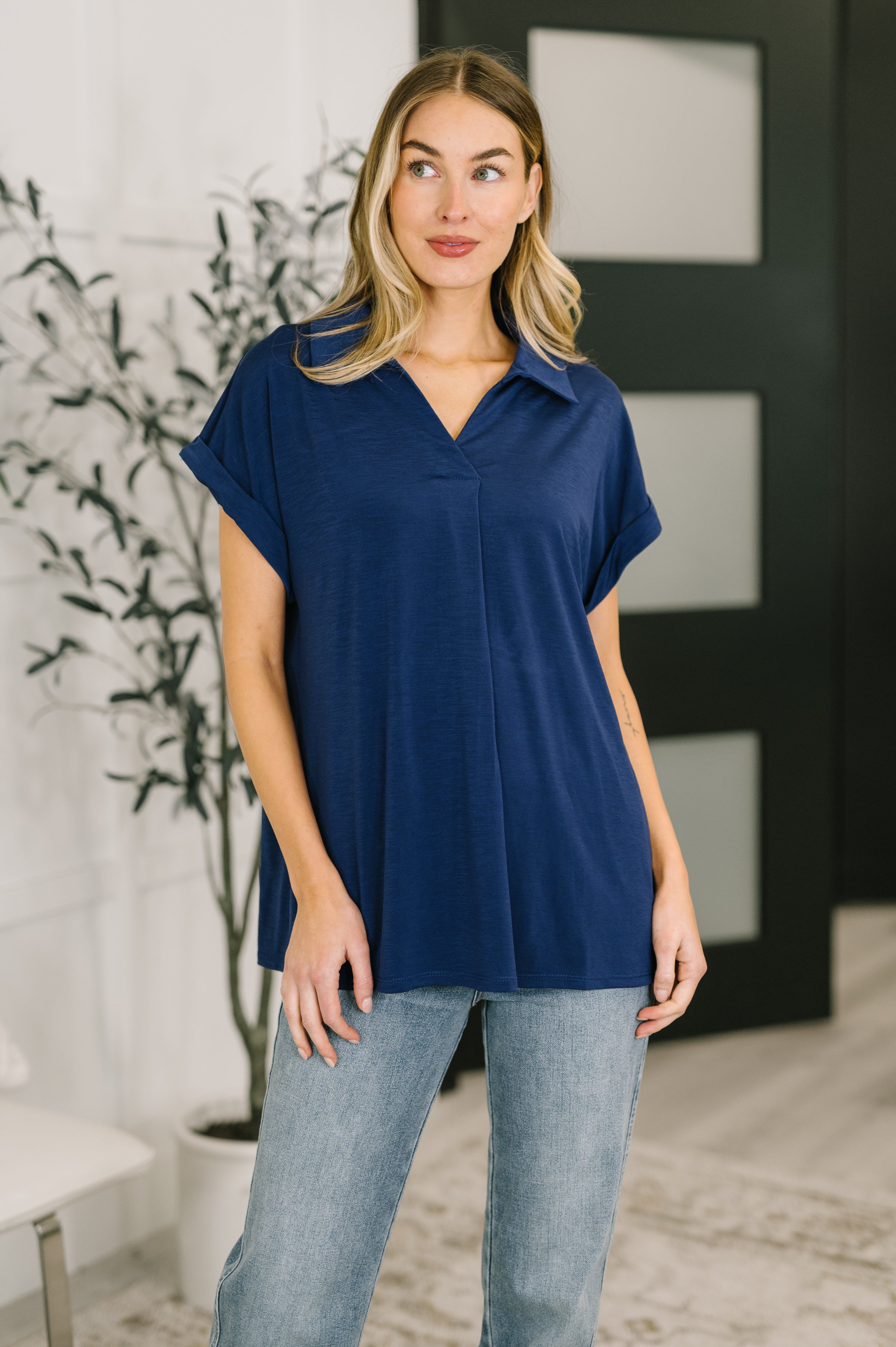 Dear Scarlett Sea You Soon Collared Top in Navy Womens