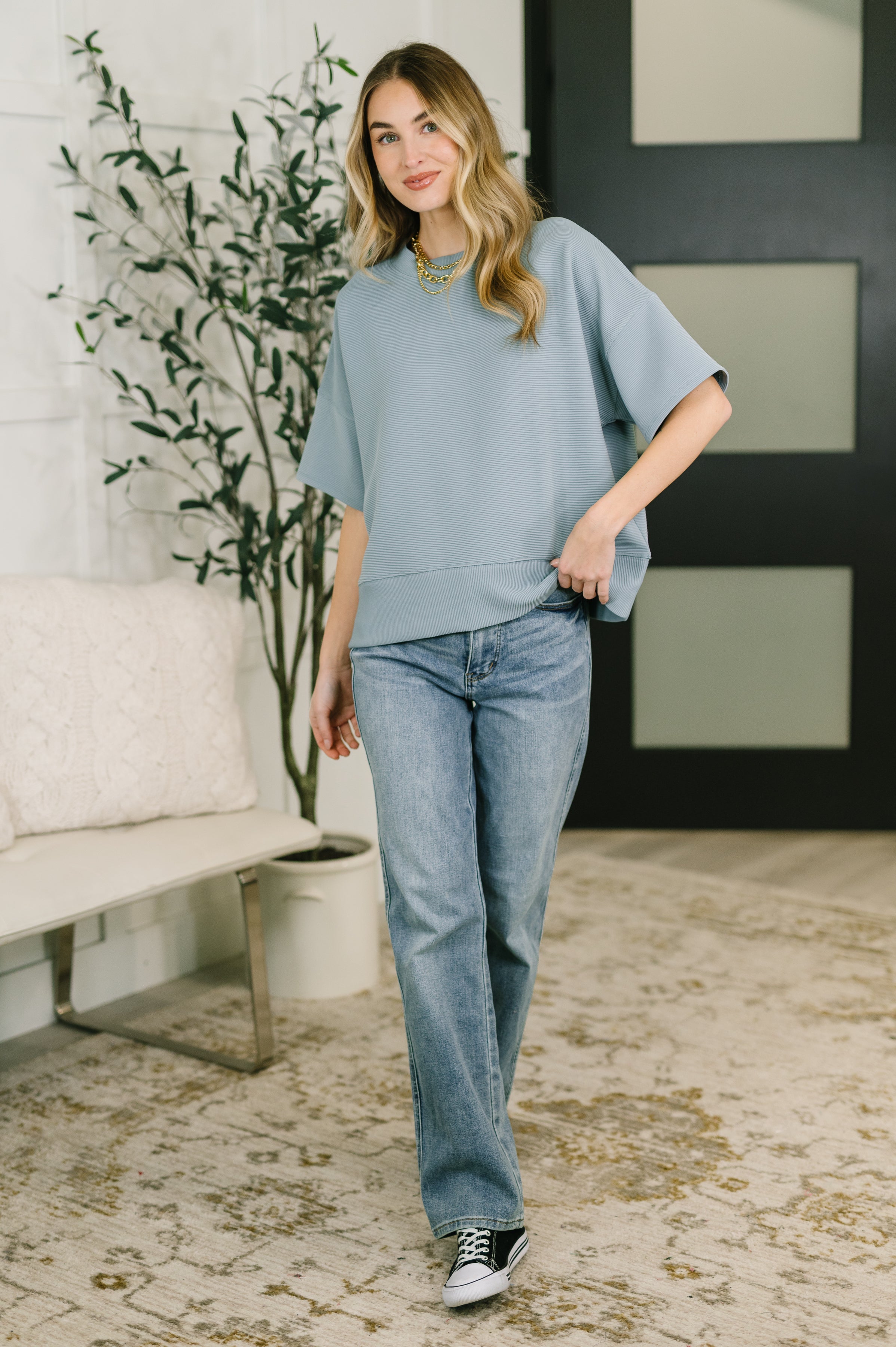 Zenana Sense of Clarity Boxy Ribbed Knit Top in Blue Grey Womens