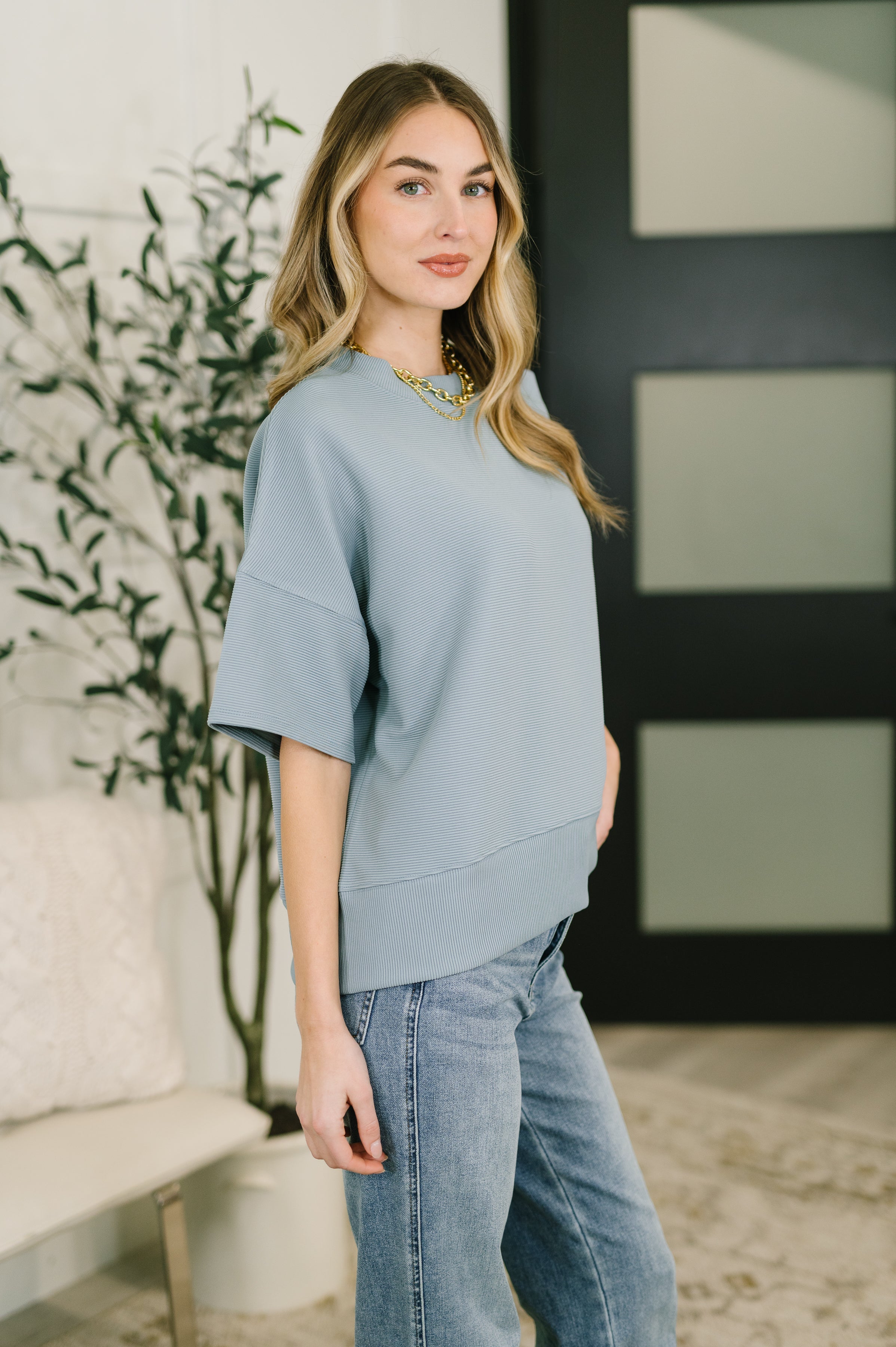 Zenana Sense of Clarity Boxy Ribbed Knit Top in Blue Grey Womens