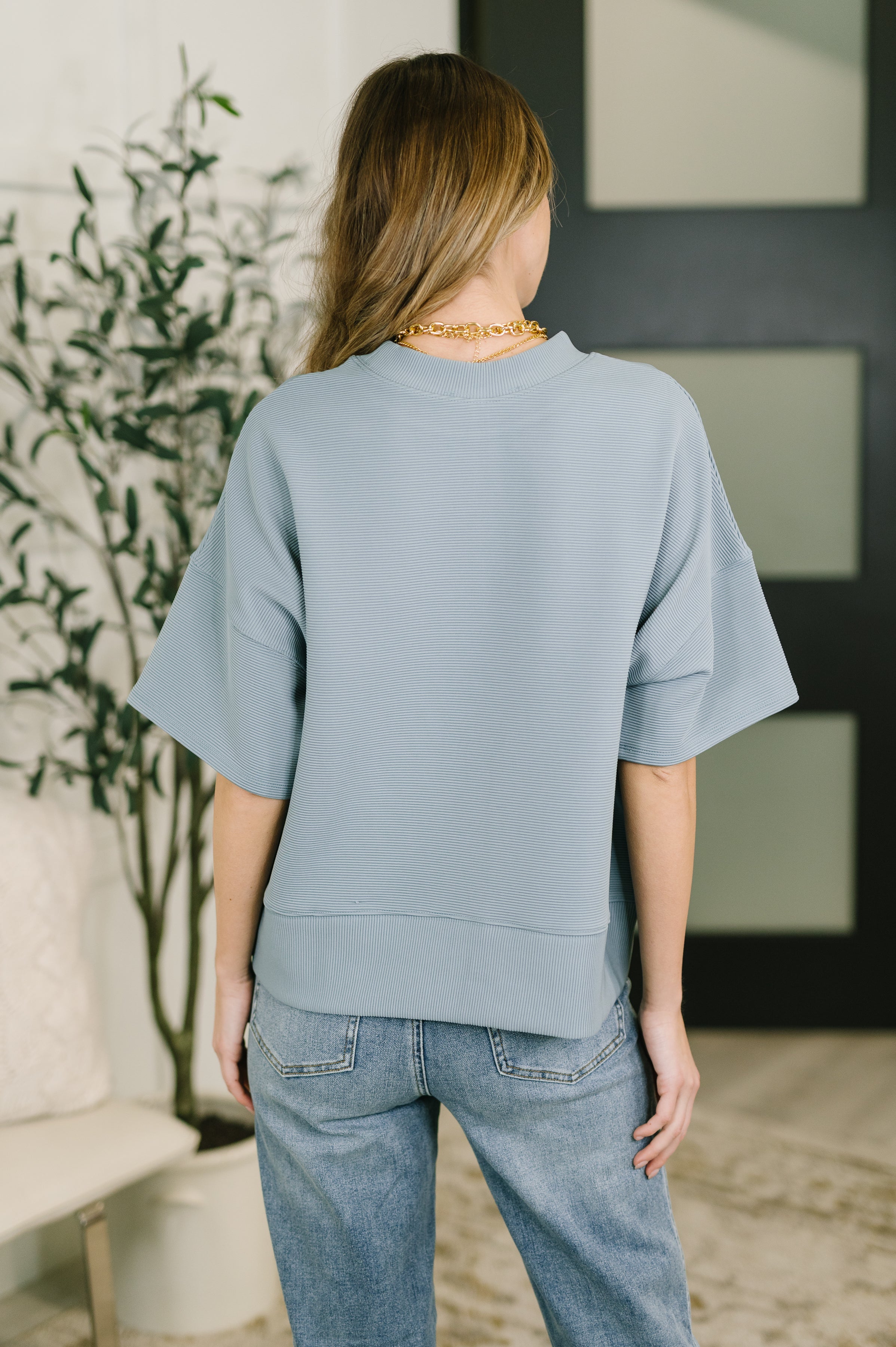 Zenana Sense of Clarity Boxy Ribbed Knit Top in Blue Grey Womens