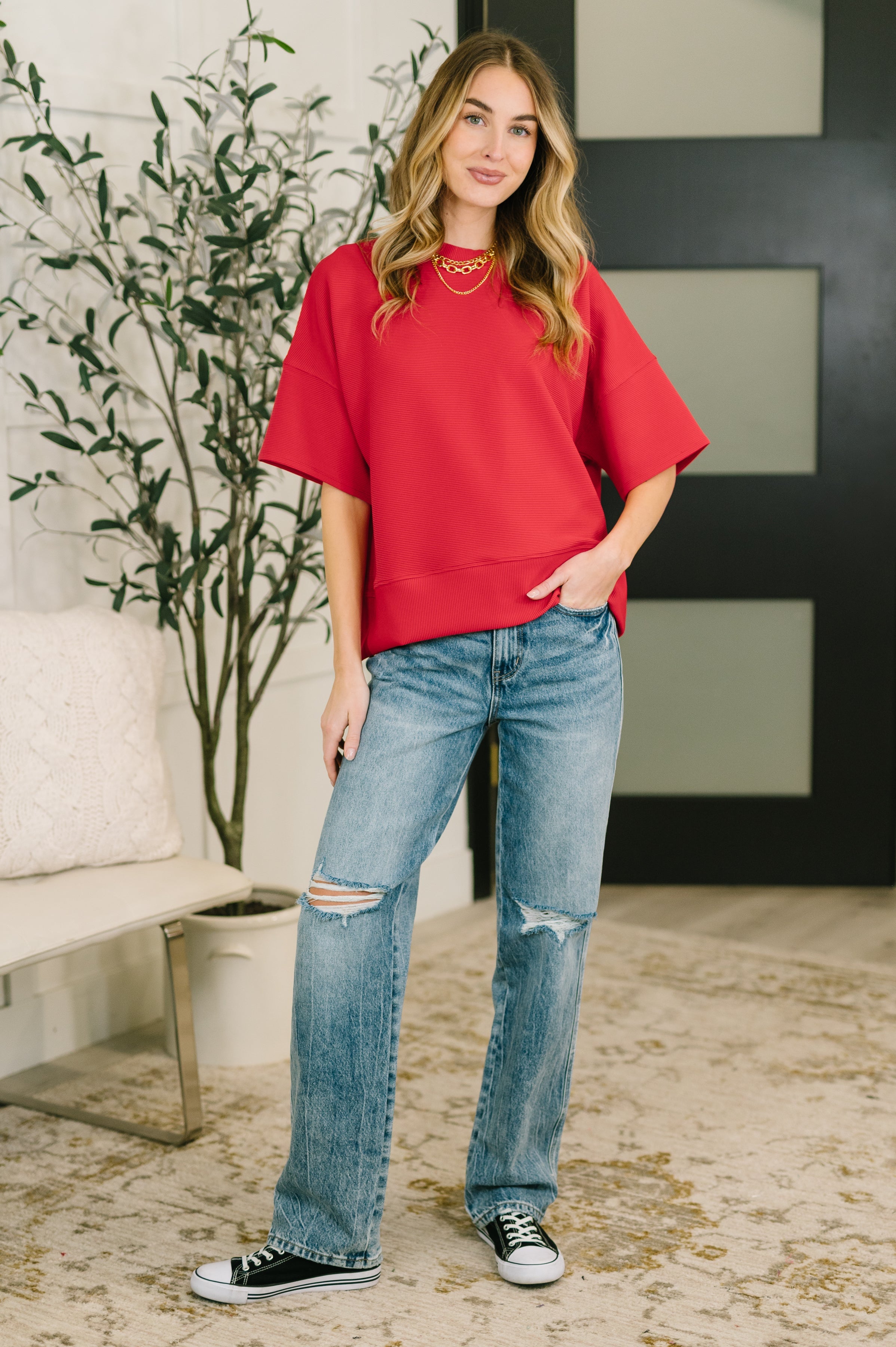 Zenana Sense of Clarity Boxy Ribbed Knit Top in Ruby Womens