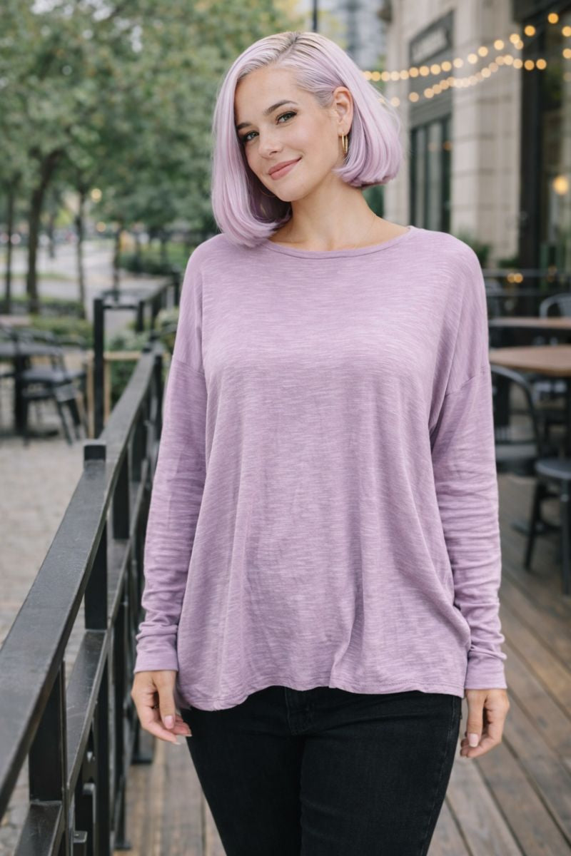 Face It Together Step Hem Purple Pullover Large Tops