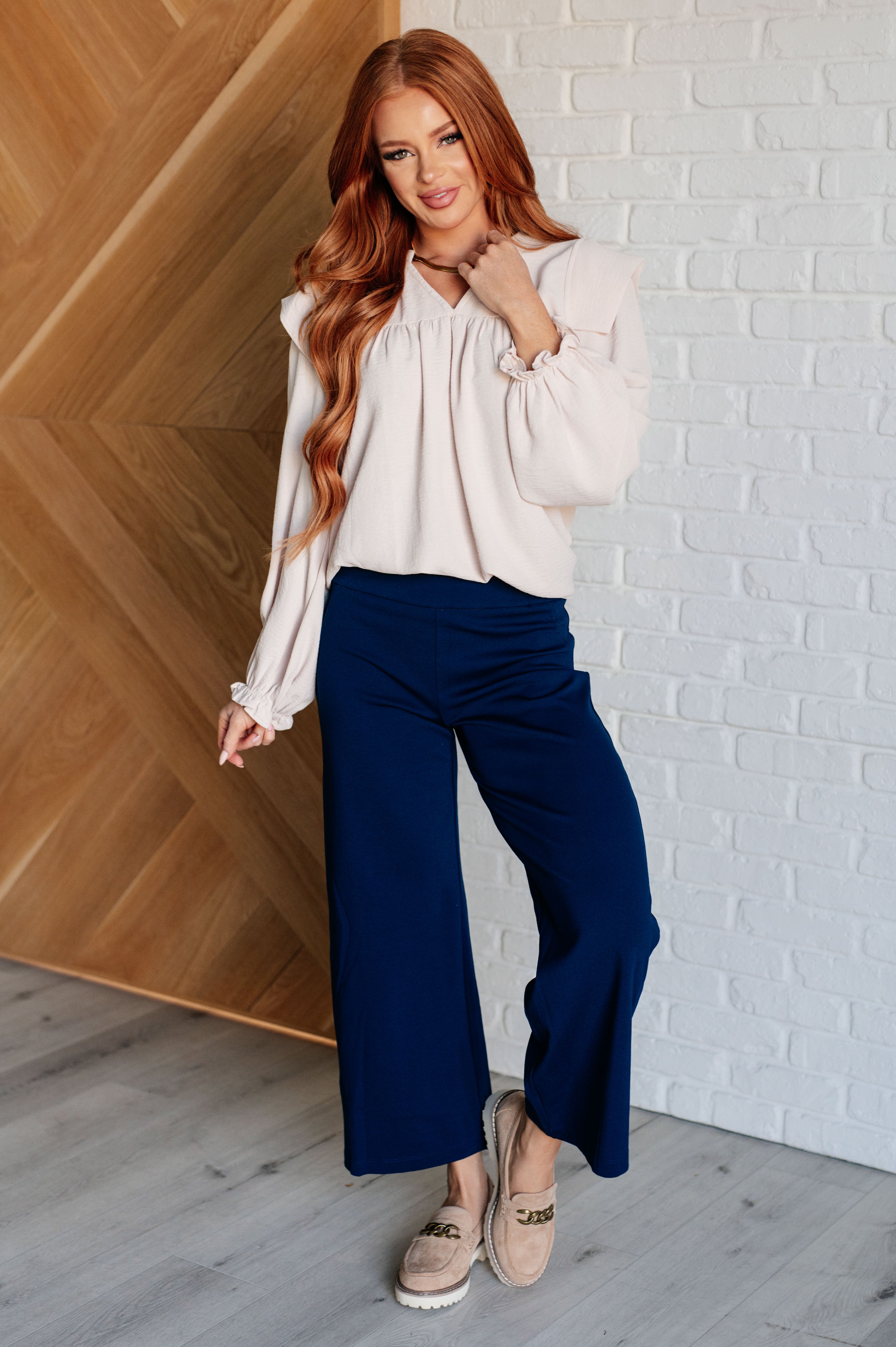 Dear Scarlett Magic Wide Leg Crop Pants in Navy Bottoms