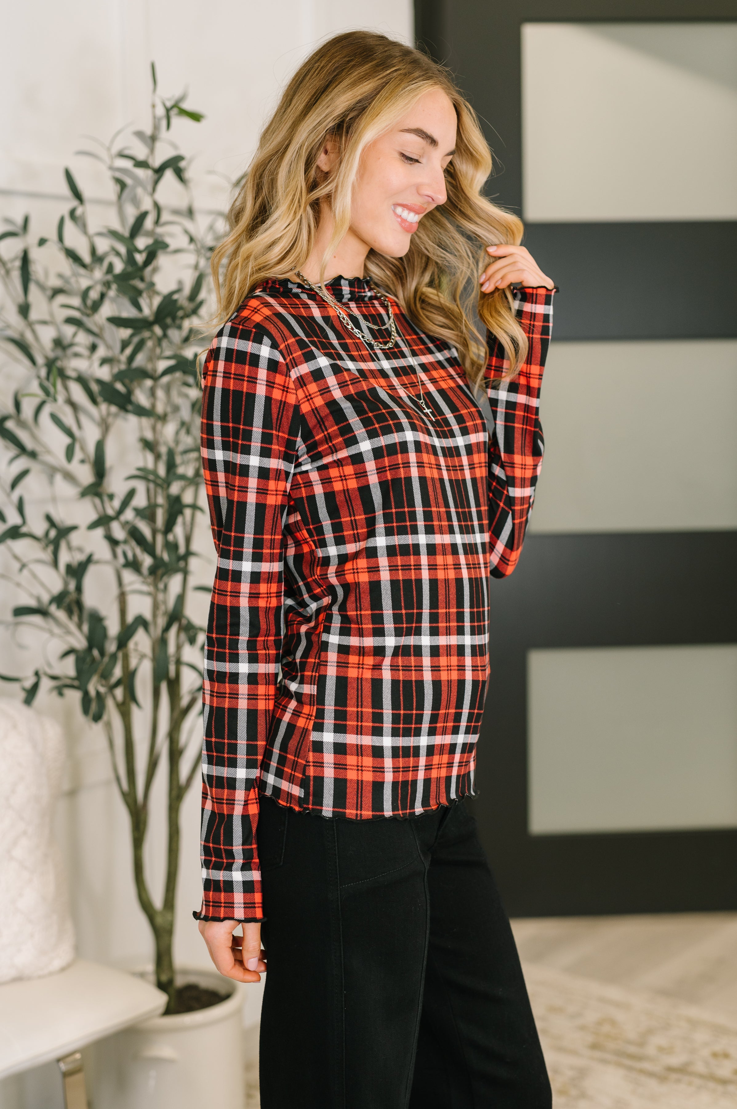 Haptics She's Always Changing Plaid Lettuce Hem Top Womens