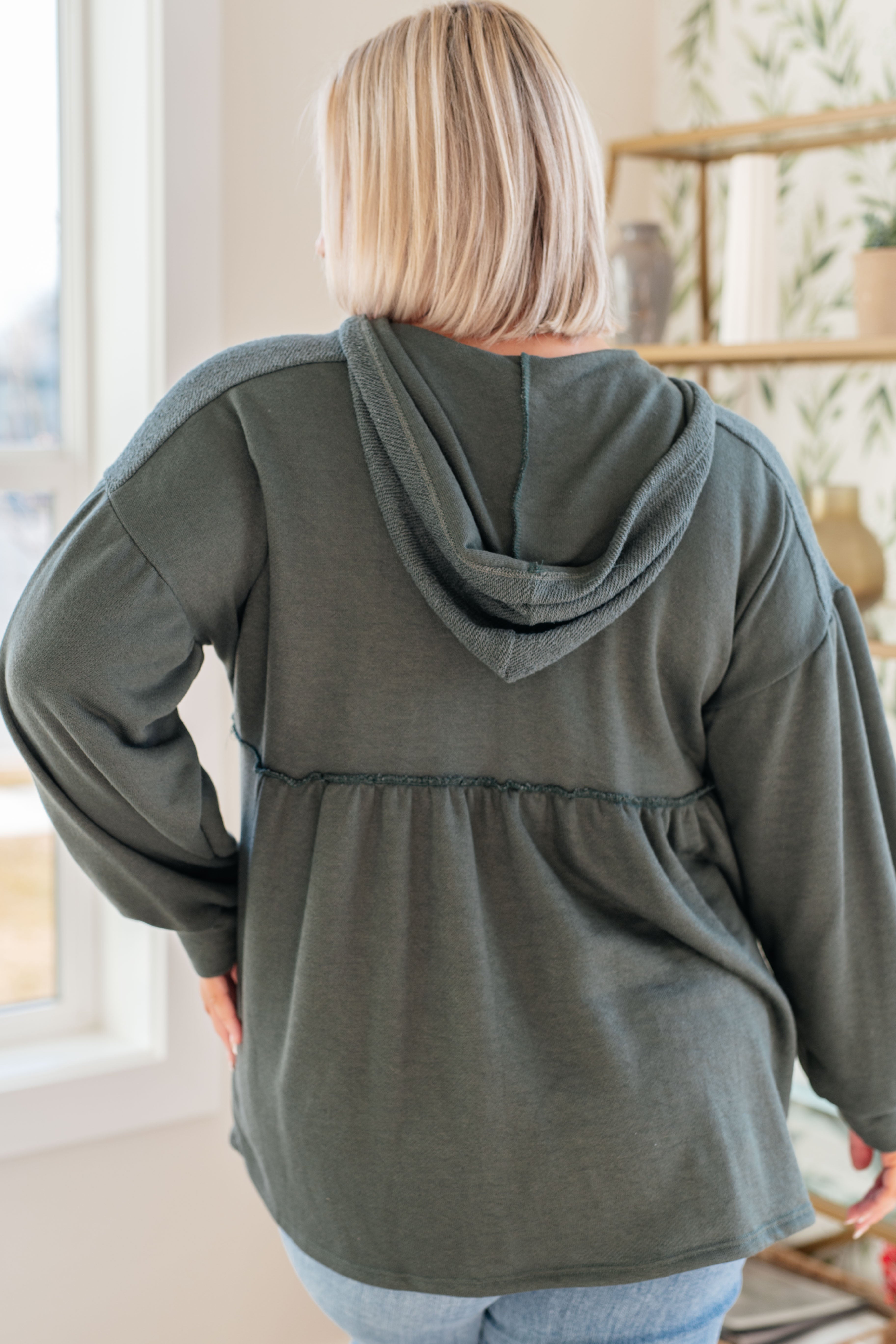 7th Ray Babydoll Hooded V-Neck French Terry Pullover in Charcoal Tops