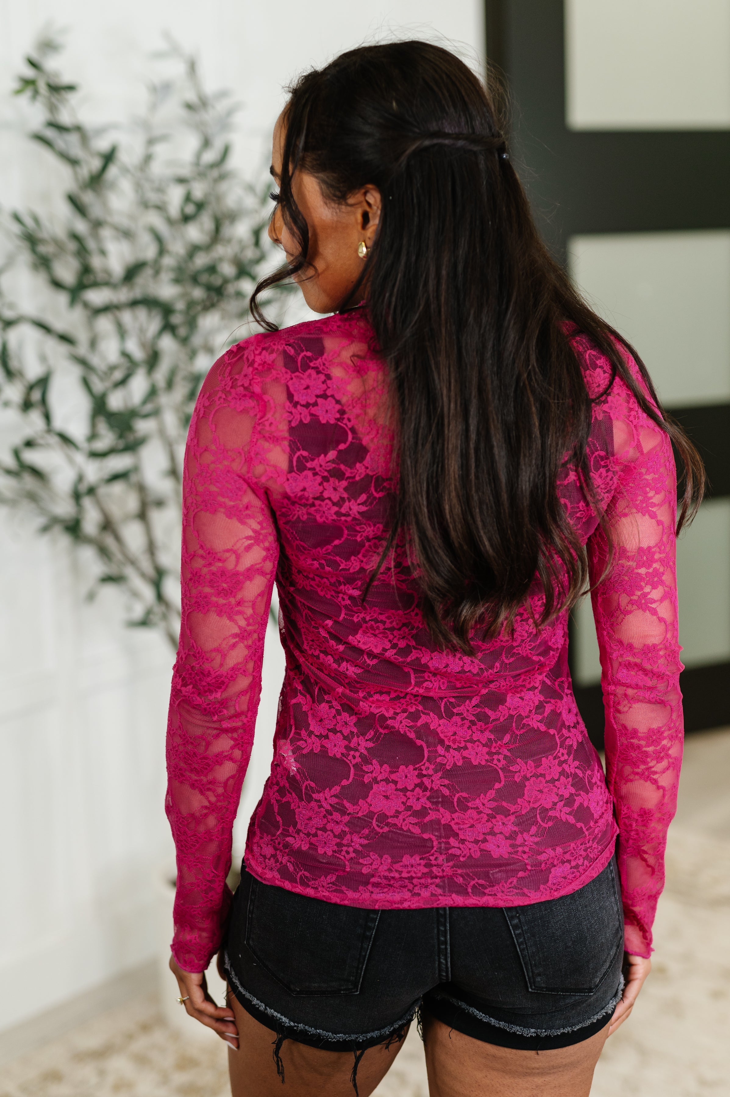 Haptics Sheer Intentions Lace Layering Top Fuchsia Womens