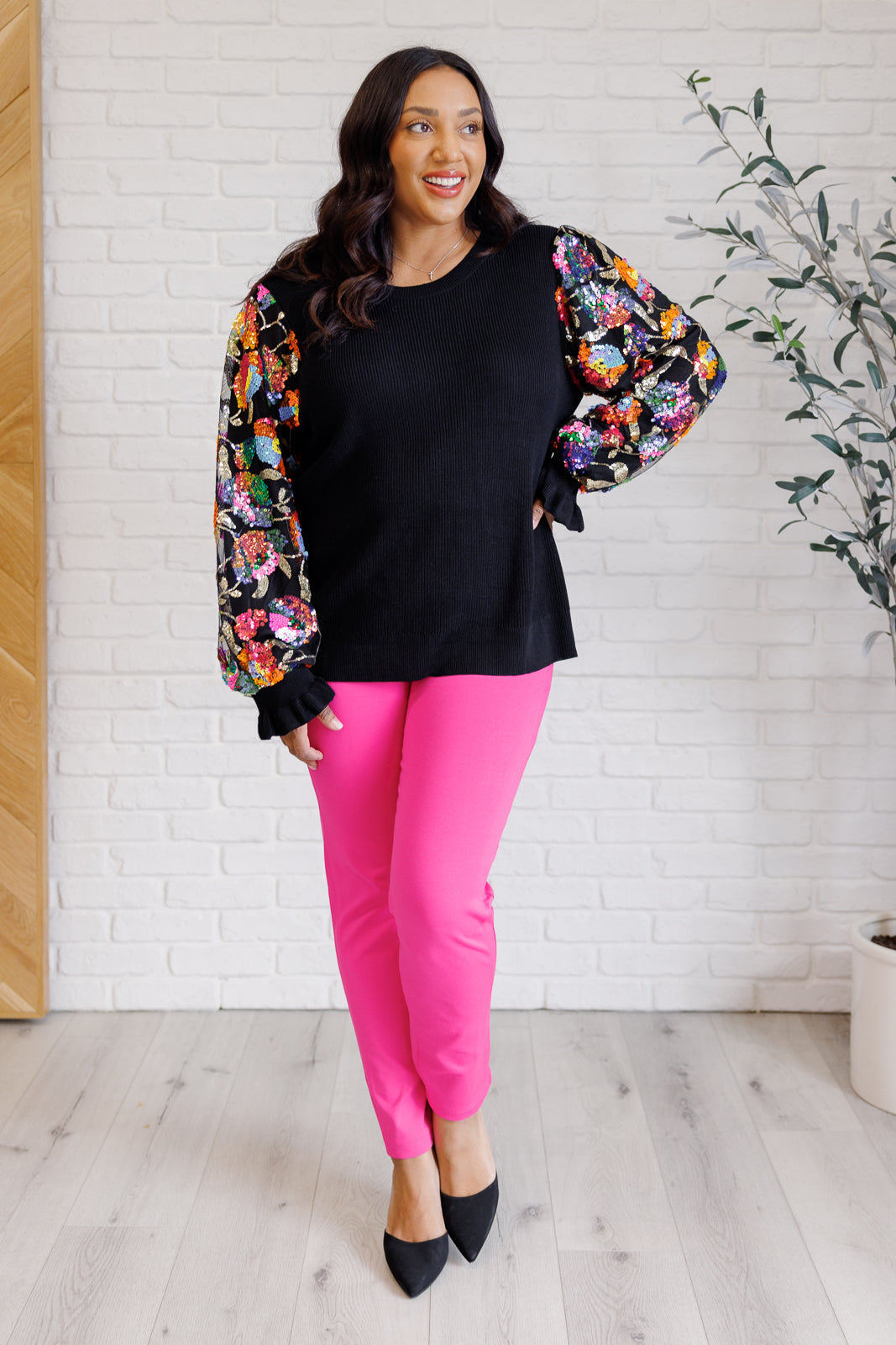 Haptics Floral Sequins Mesh Long Sleeve Sleeve Blouse Tops