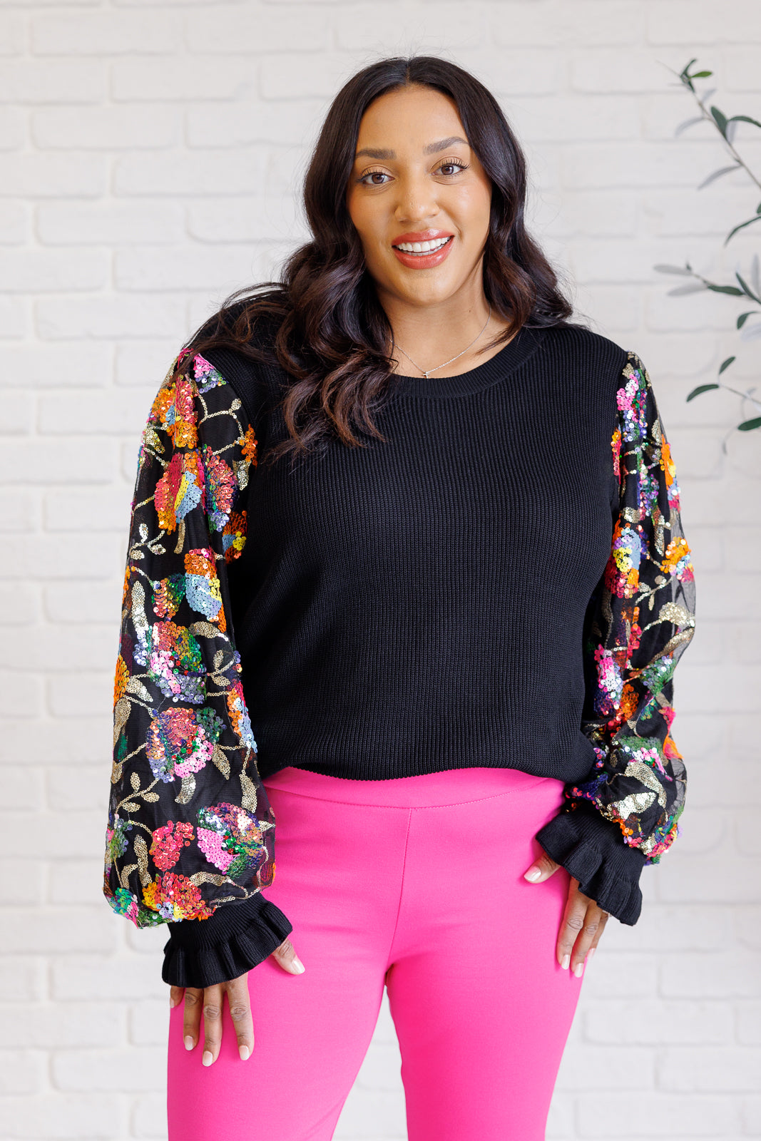 Haptics Floral Sequins Mesh Long Sleeve Sleeve Blouse Tops