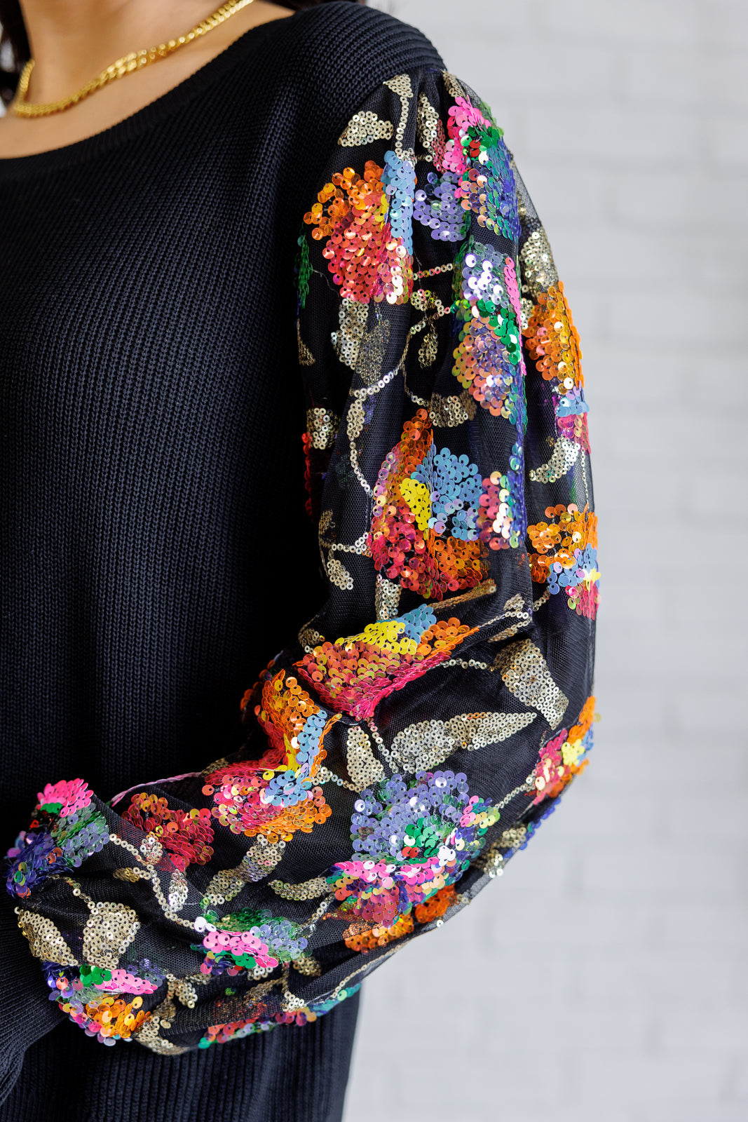 Haptics Floral Sequins Mesh Long Sleeve Sleeve Blouse Tops