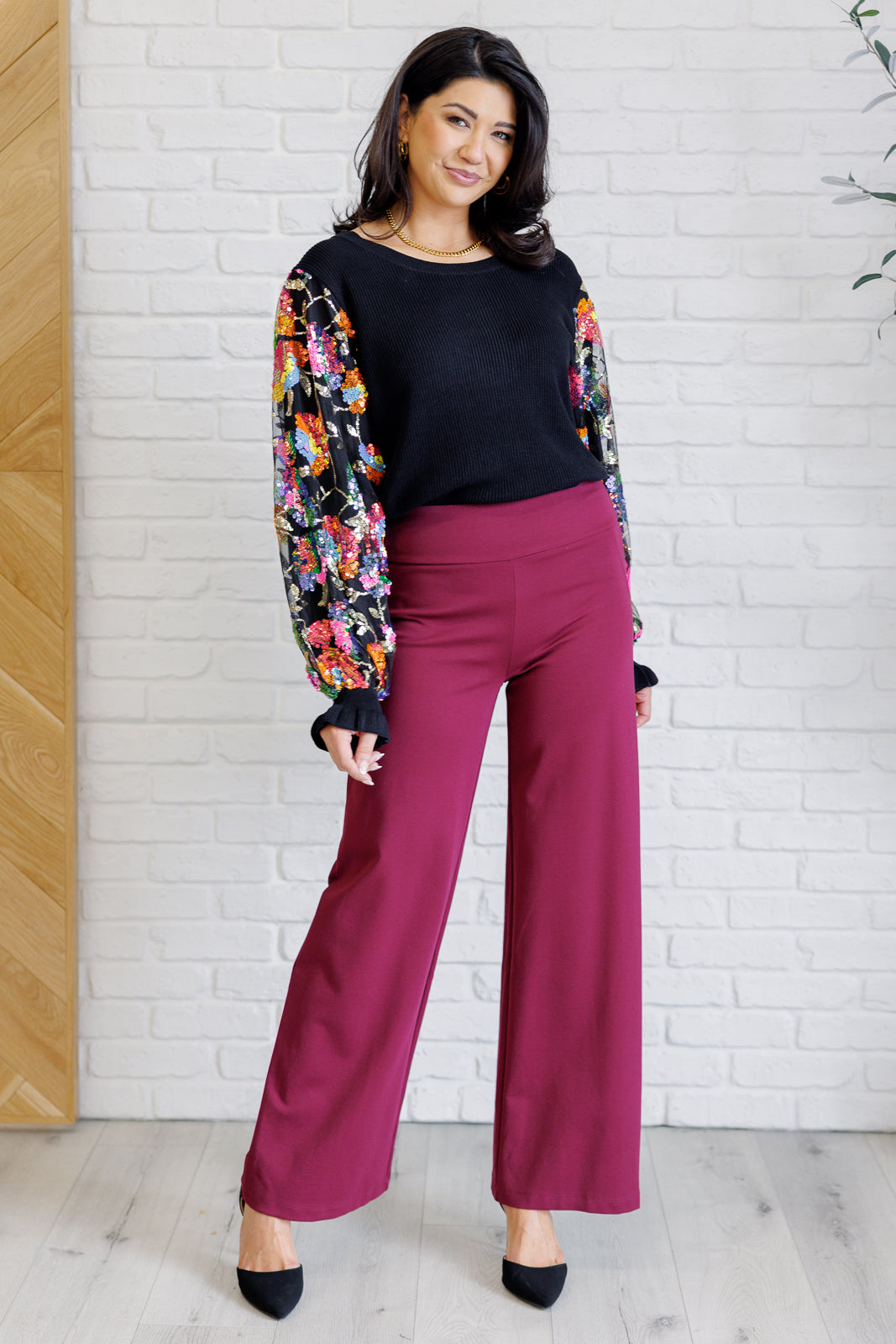 Haptics Floral Sequins Mesh Long Sleeve Sleeve Blouse Tops