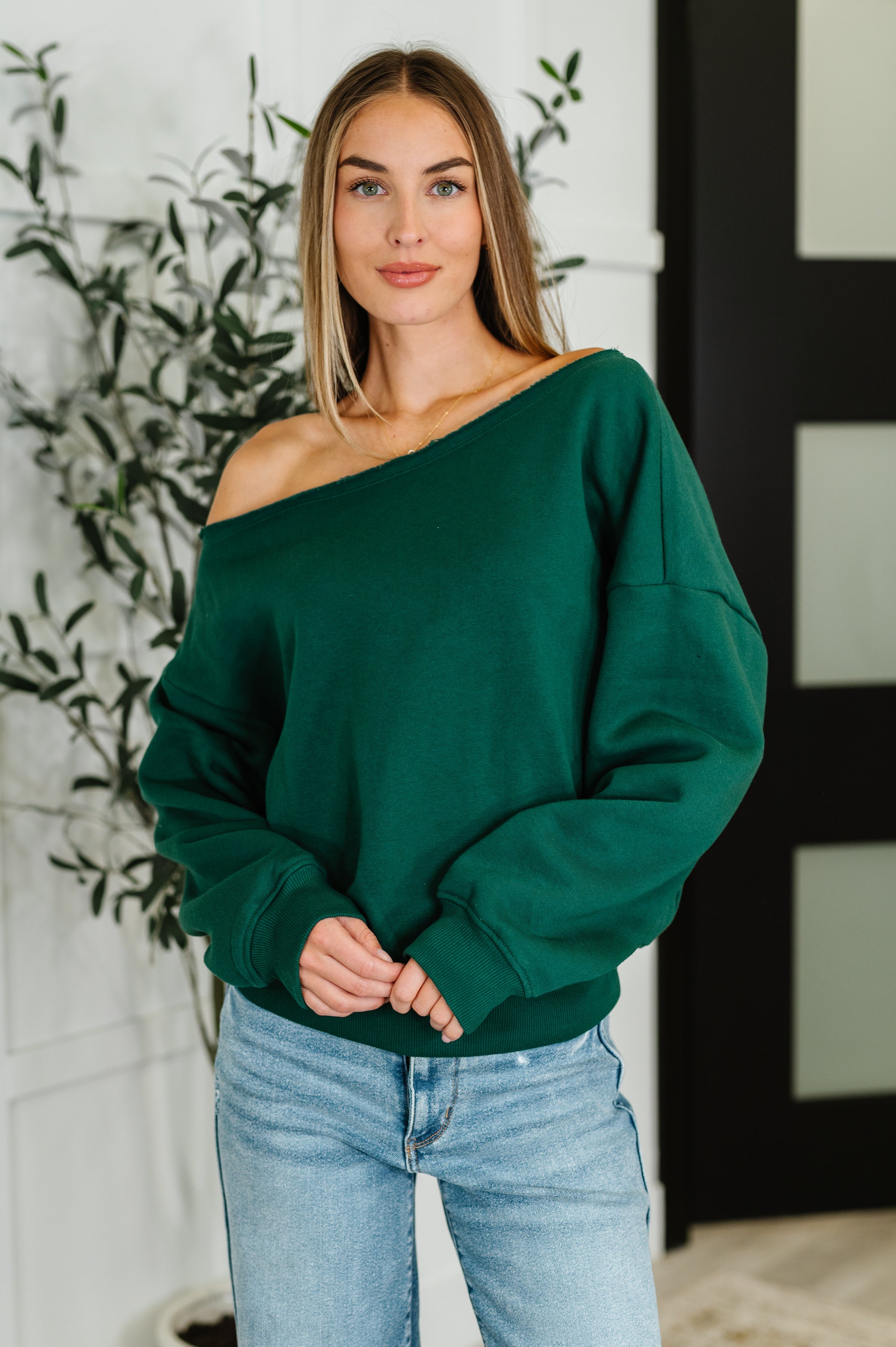 Rae Mode Side Hustle Off Shoulder Long Sleeve Top in Hunter Green Womens