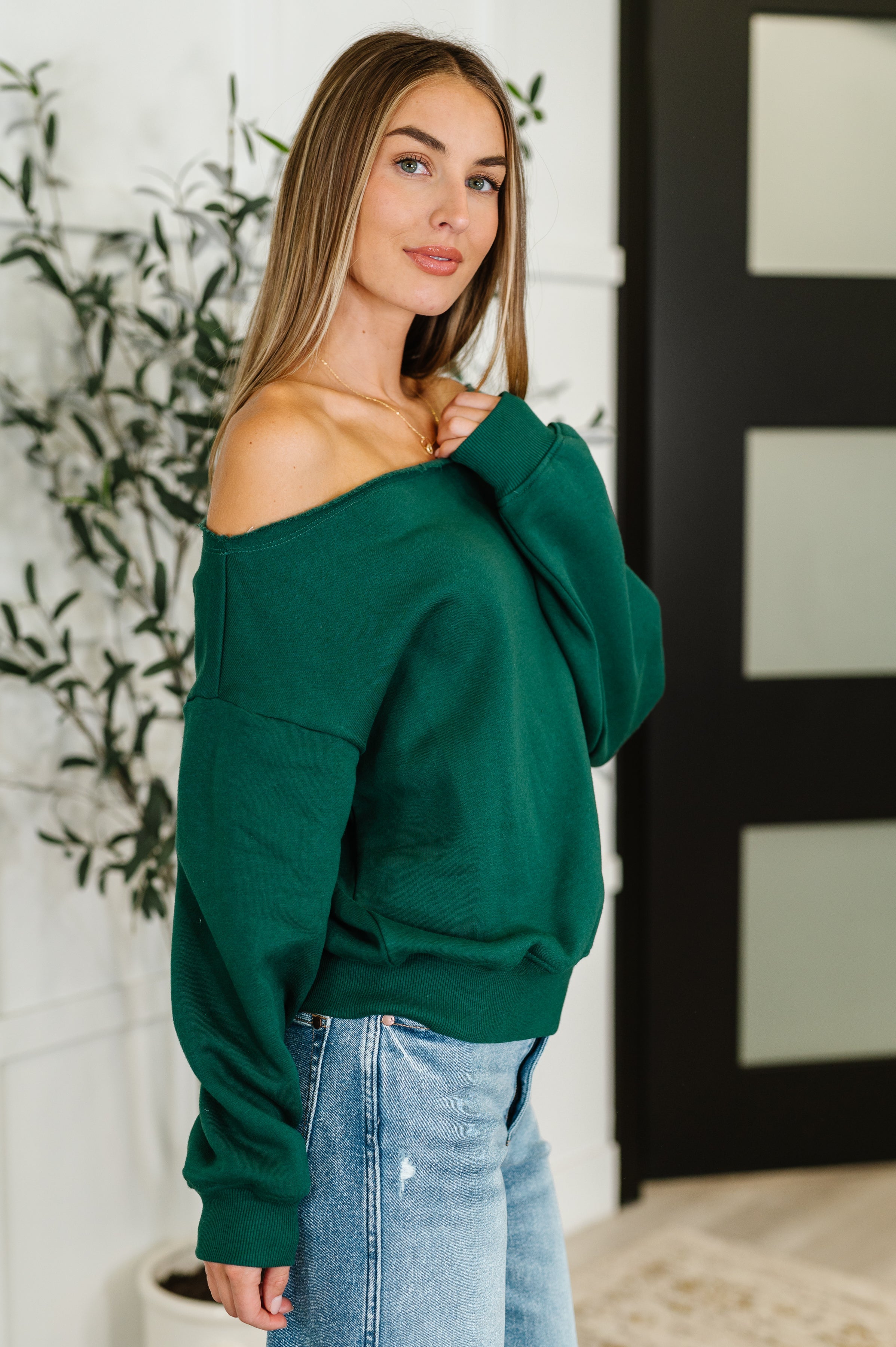 Rae Mode Side Hustle Off Shoulder Long Sleeve Top in Hunter Green Womens