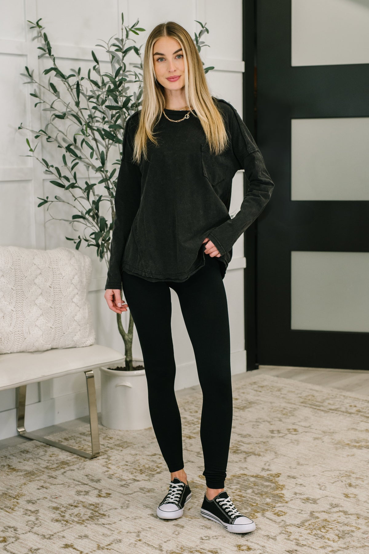 Very J Washed Black Simple as That Drop Shoulder Exposed Seam Top Womens