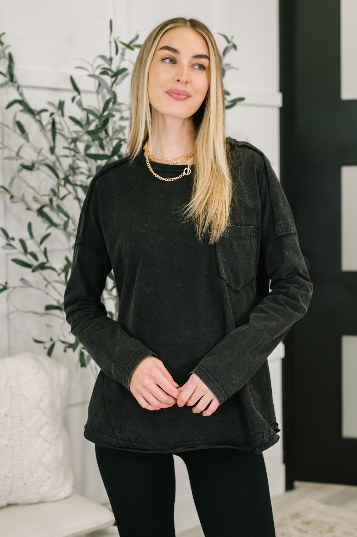 Very J Washed Black Simple as That Drop Shoulder Exposed Seam Top Womens