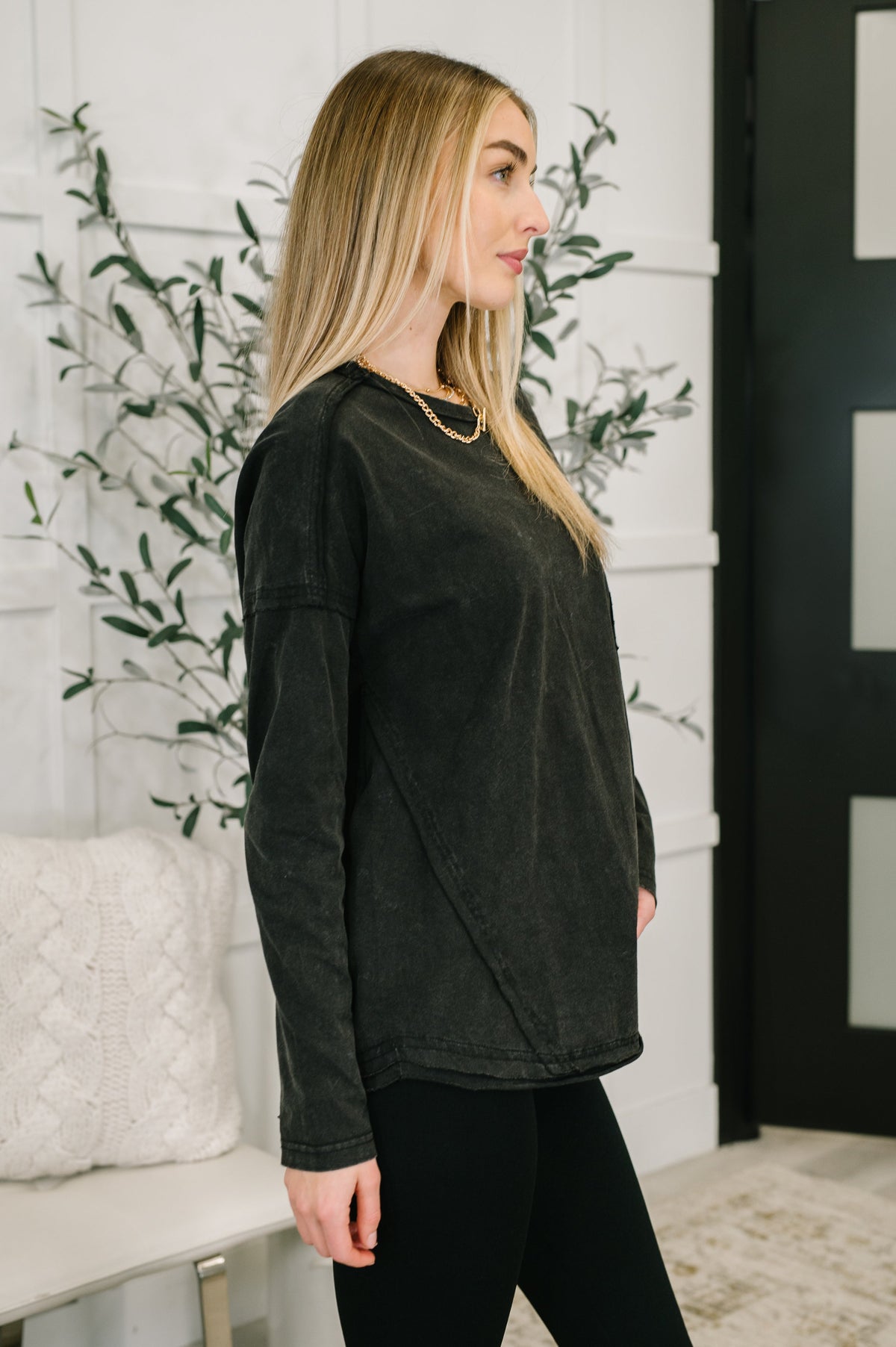 Very J Washed Black Simple as That Drop Shoulder Exposed Seam Top Womens