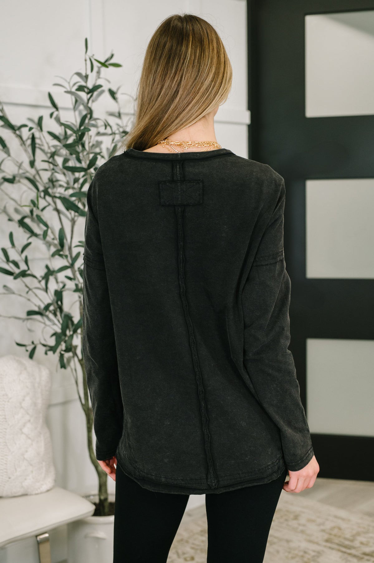 Very J Washed Black Simple as That Drop Shoulder Exposed Seam Top Womens