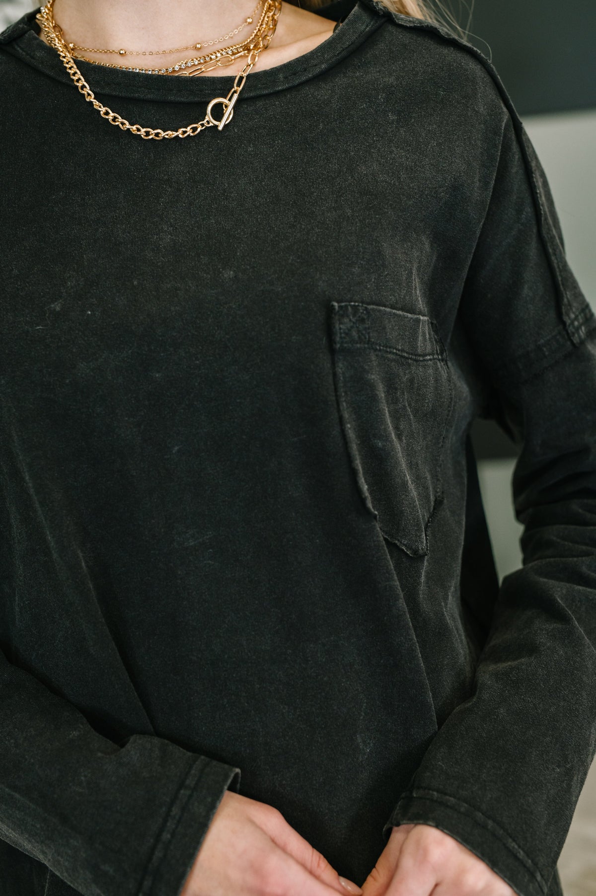 Very J Washed Black Simple as That Drop Shoulder Exposed Seam Top Womens
