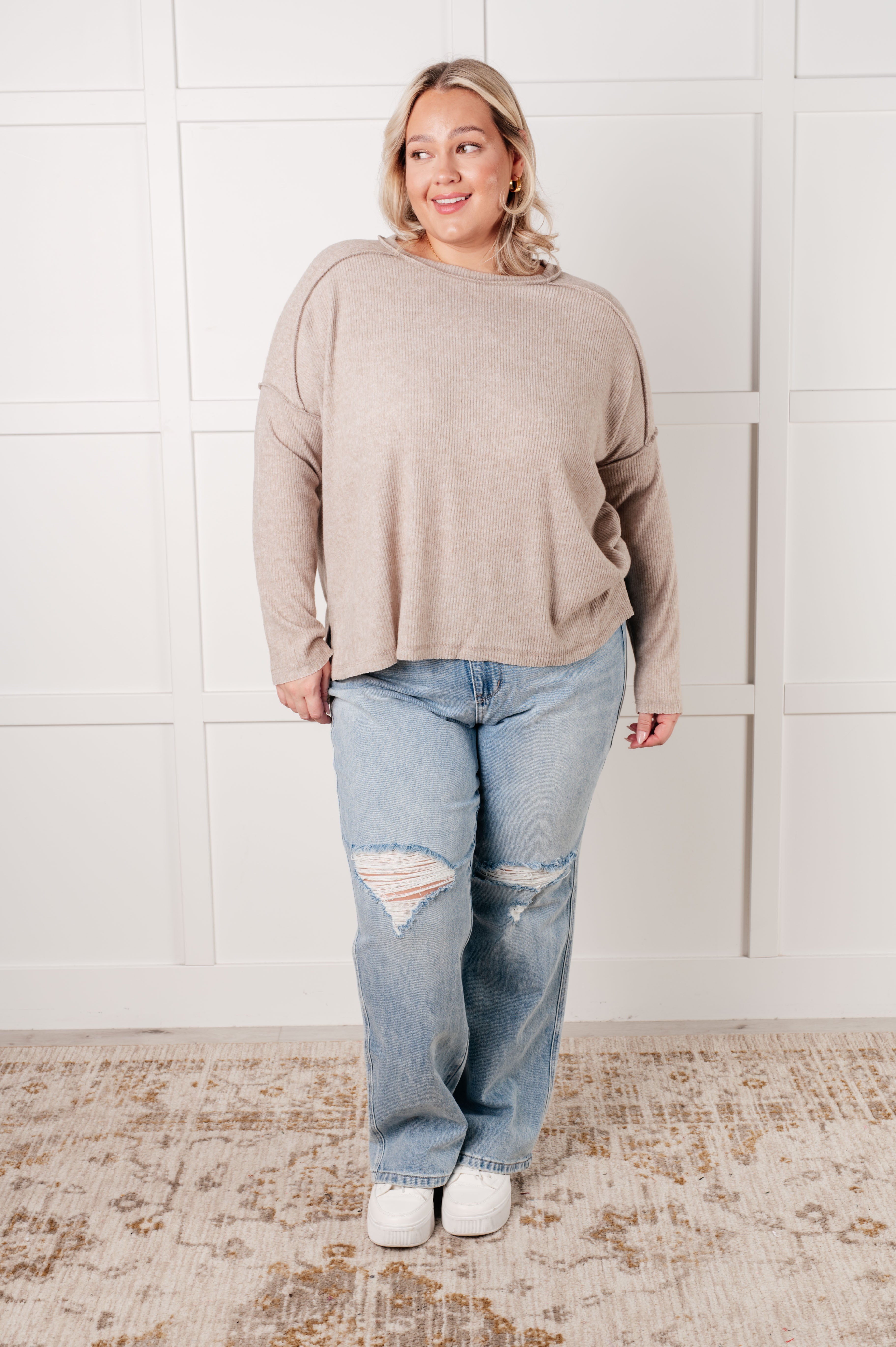 Zenana Simply Basic Ribbed Hacci Sweater in H Mocha Tops
