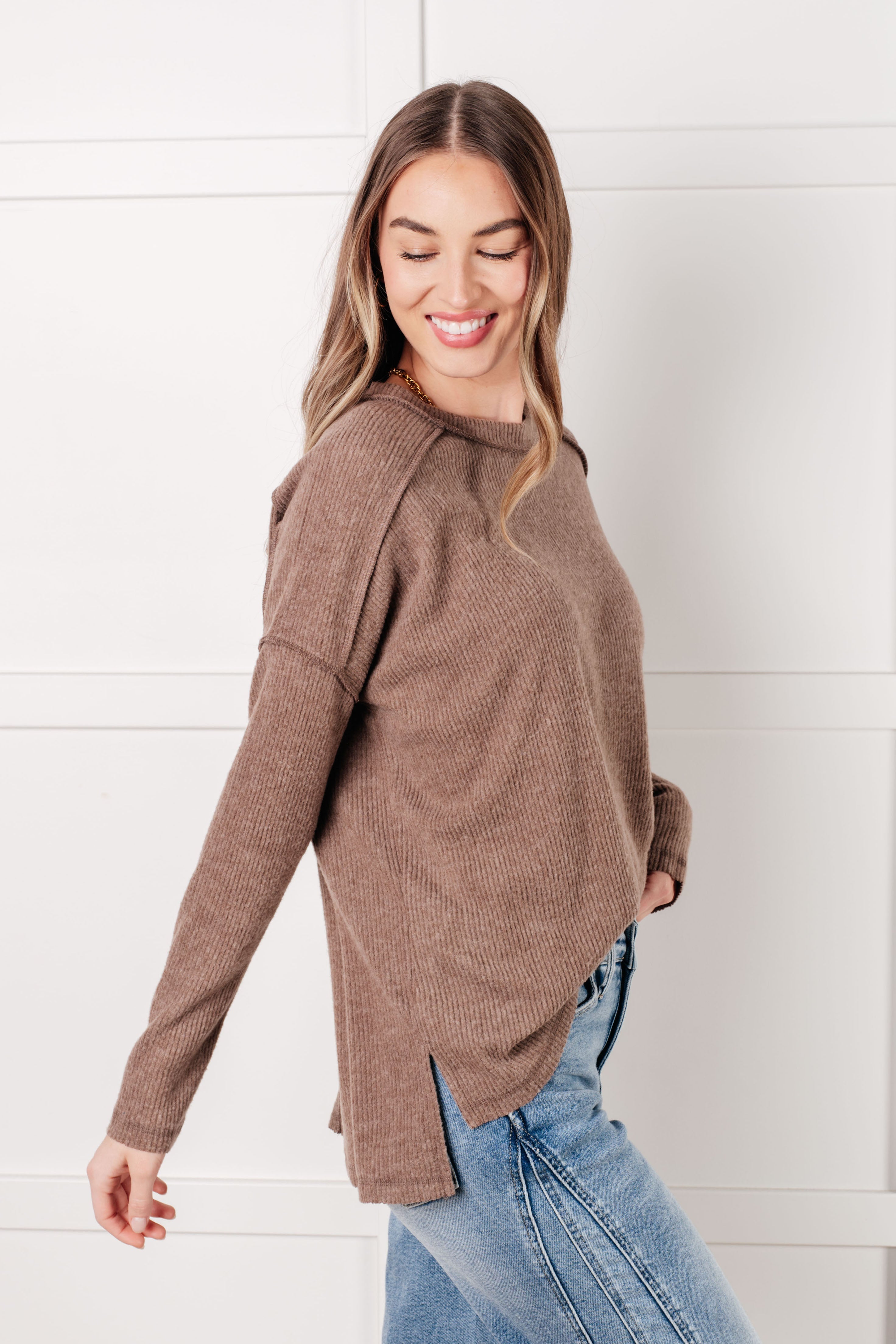 Zenana Simply Basic Ribbed Hacci Sweater in Mocha Tops