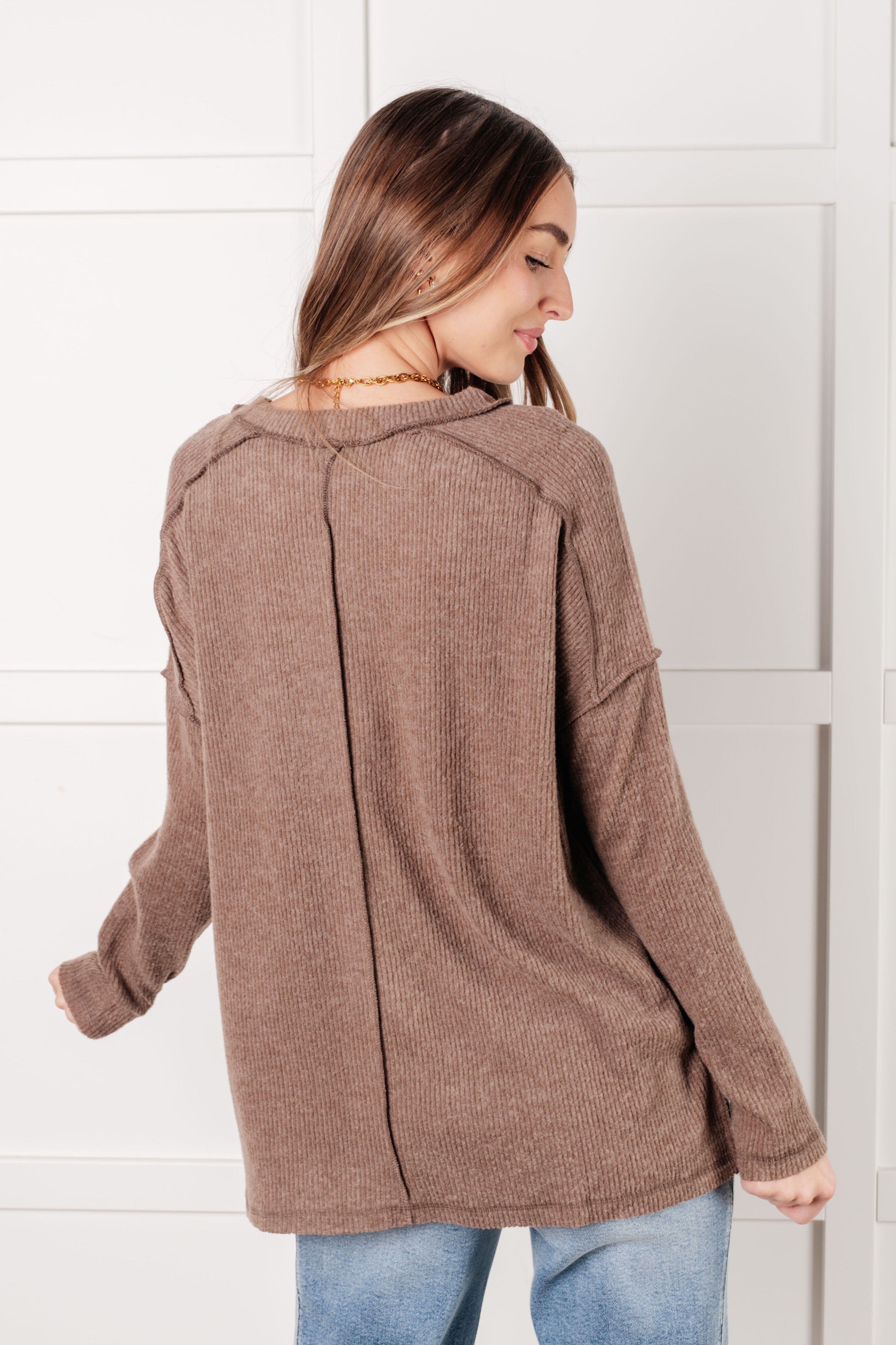 Zenana Simply Basic Ribbed Hacci Sweater in Mocha Tops