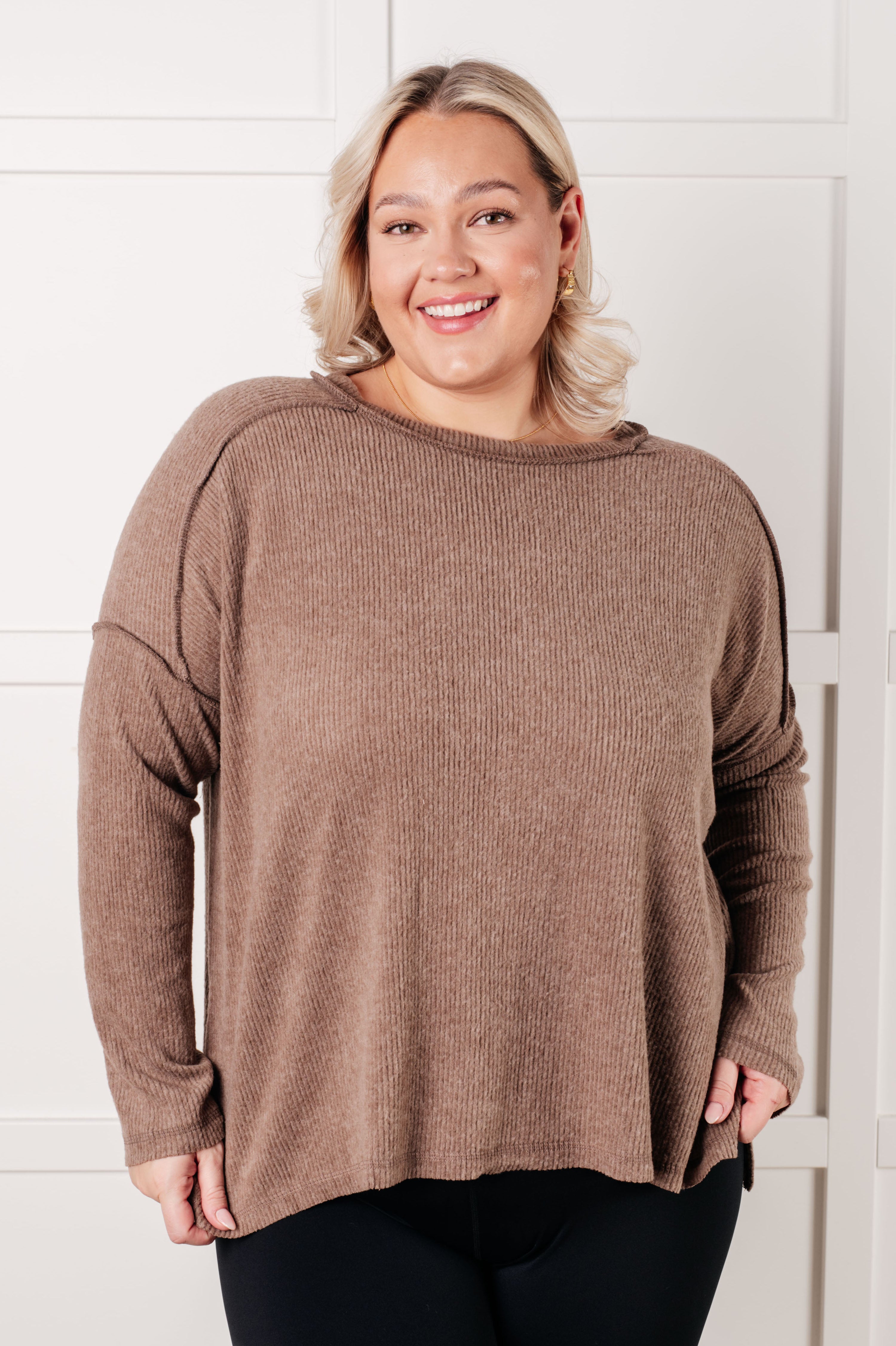 Zenana Simply Basic Ribbed Hacci Sweater in Mocha Tops