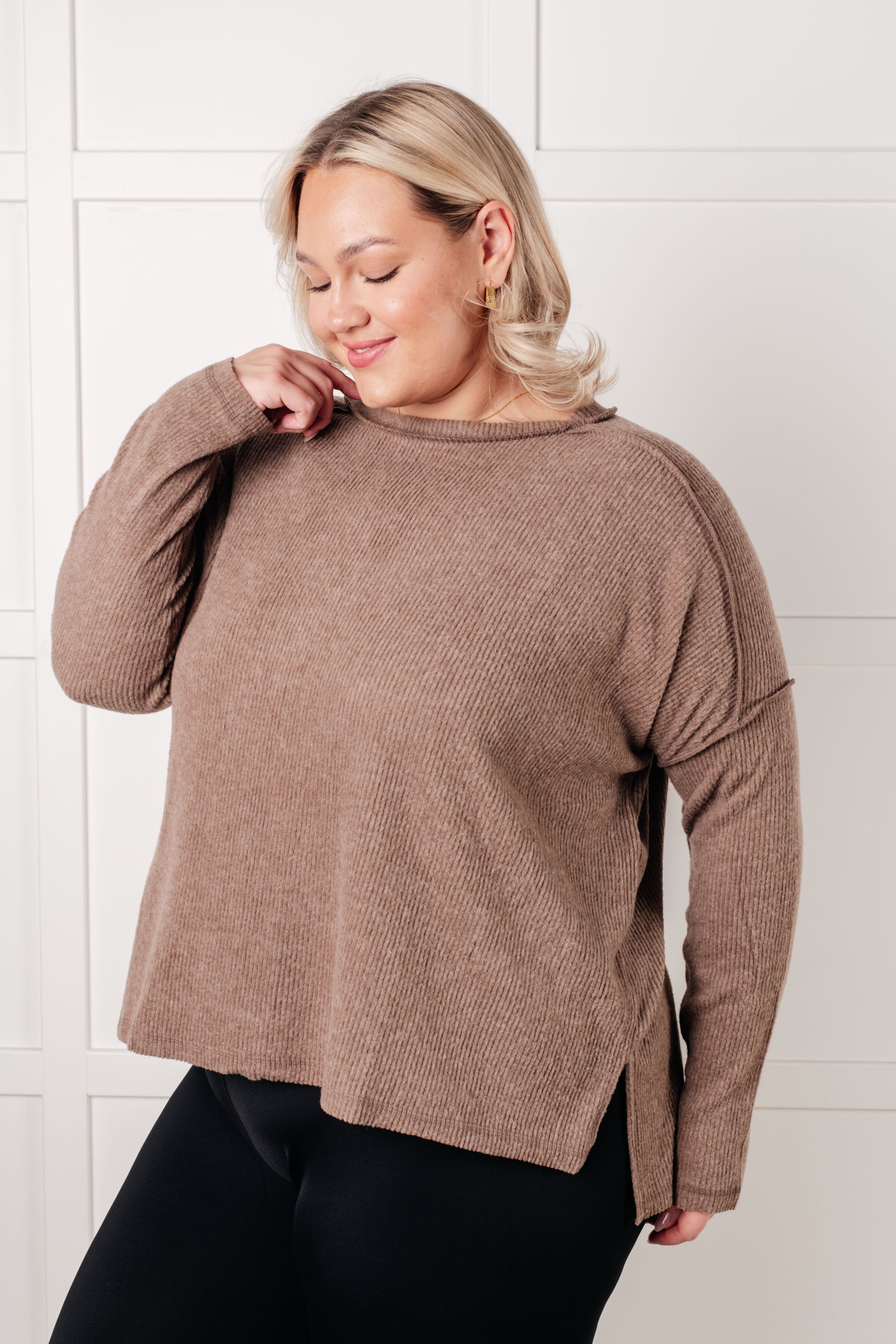 Zenana Simply Basic Ribbed Hacci Sweater in Mocha Tops
