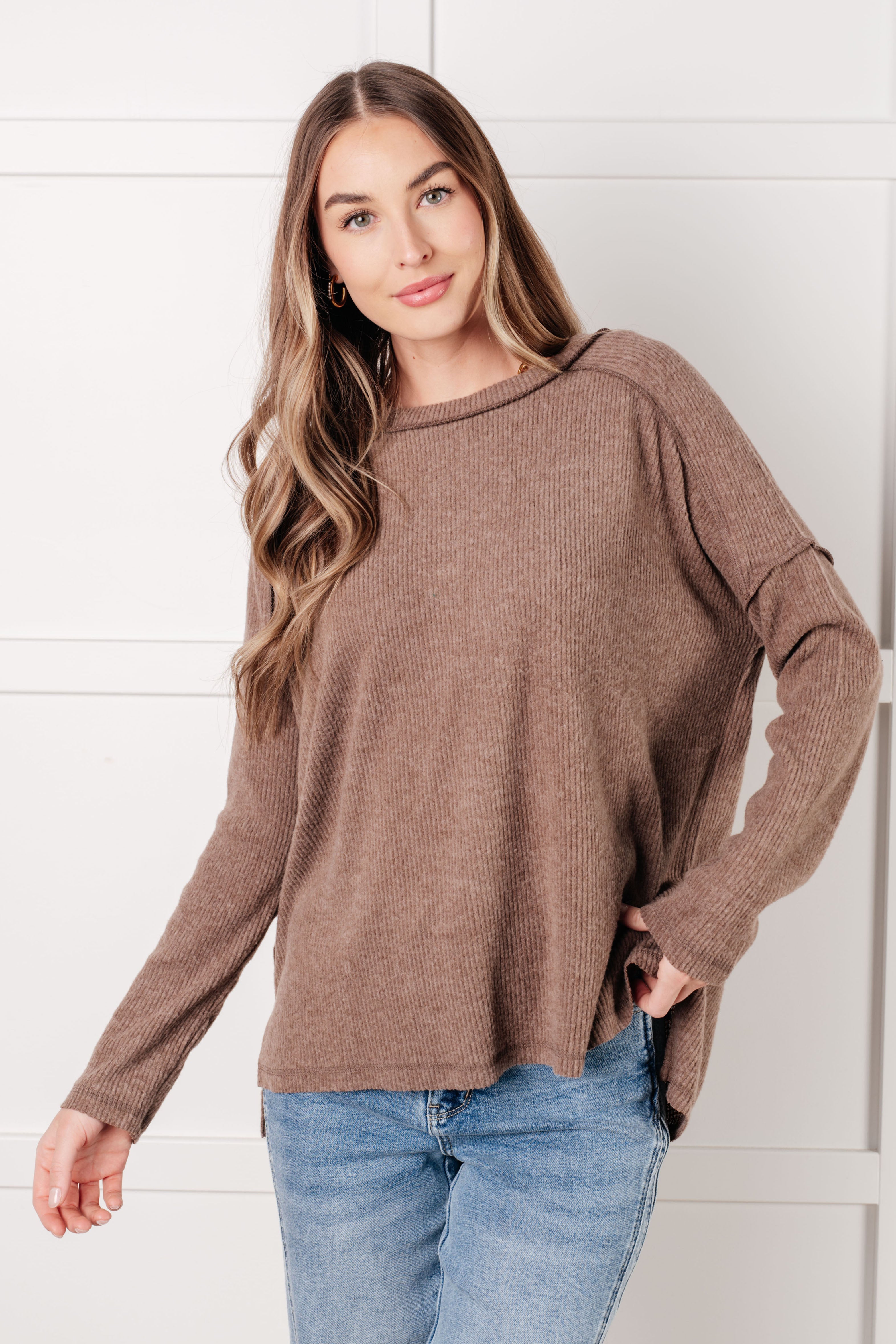 Zenana Simply Basic Ribbed Hacci Sweater in Mocha Tops