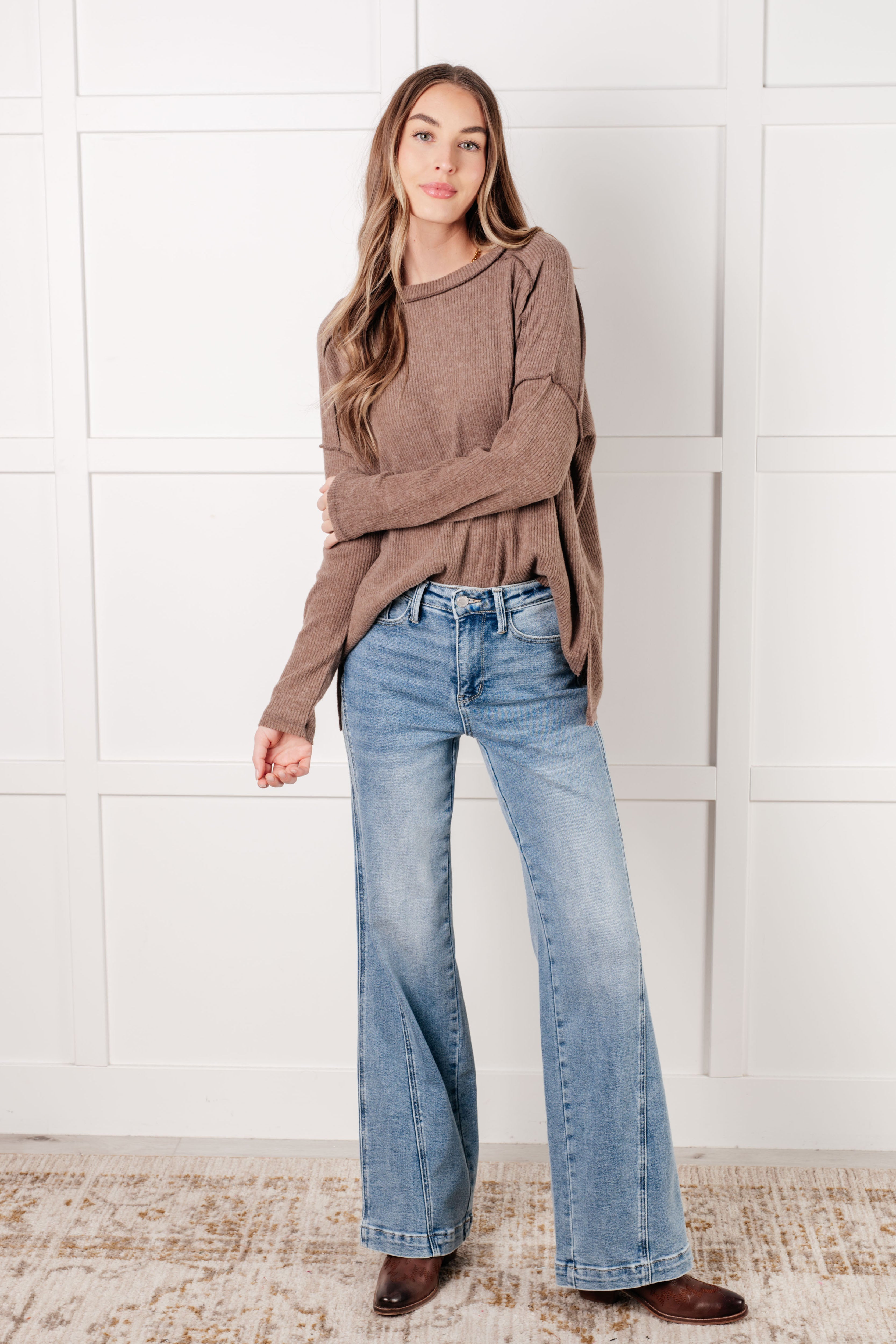 Zenana Simply Basic Ribbed Hacci Sweater in Mocha Tops