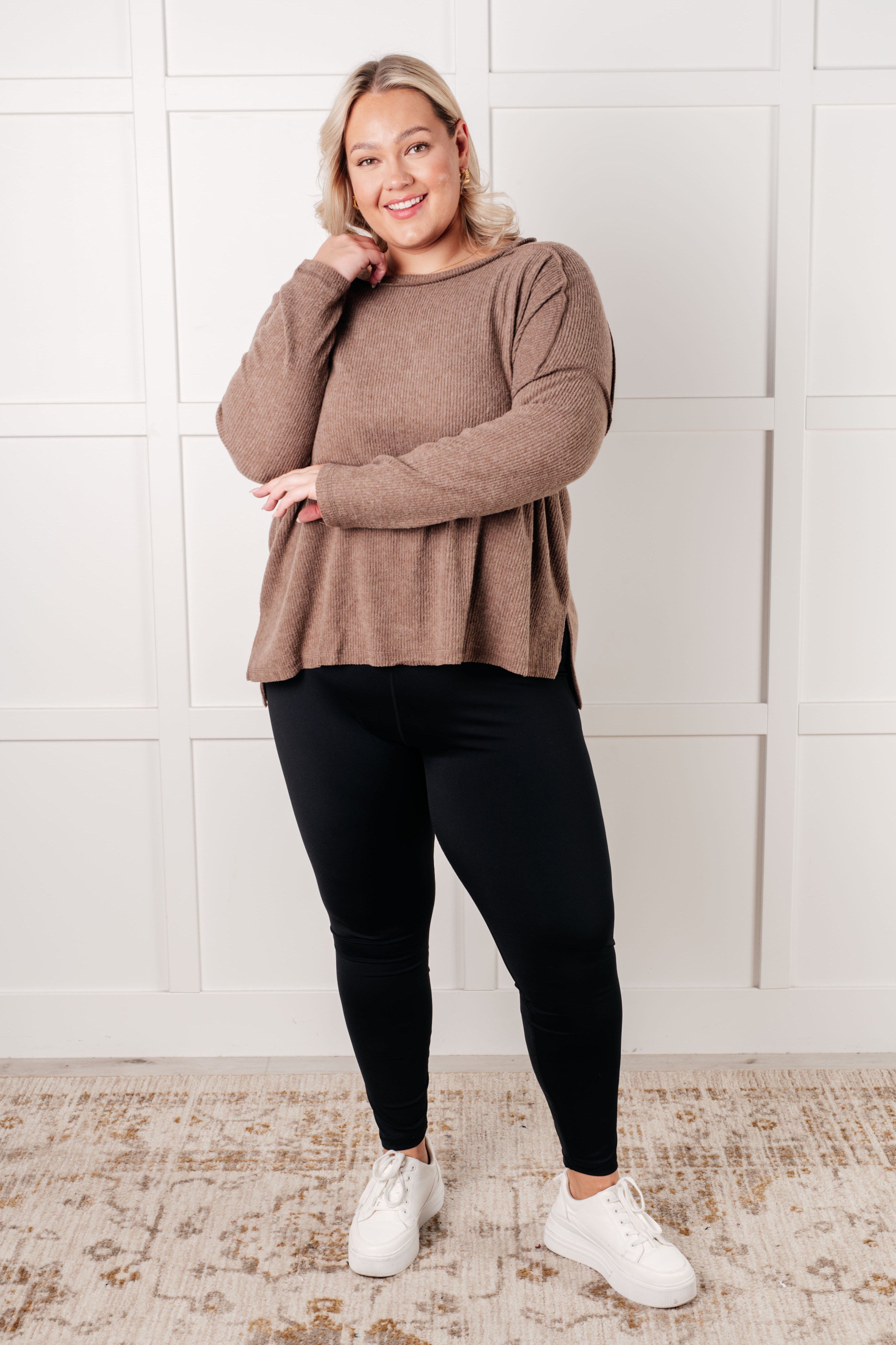 Zenana Simply Basic Ribbed Hacci Sweater in Mocha Tops