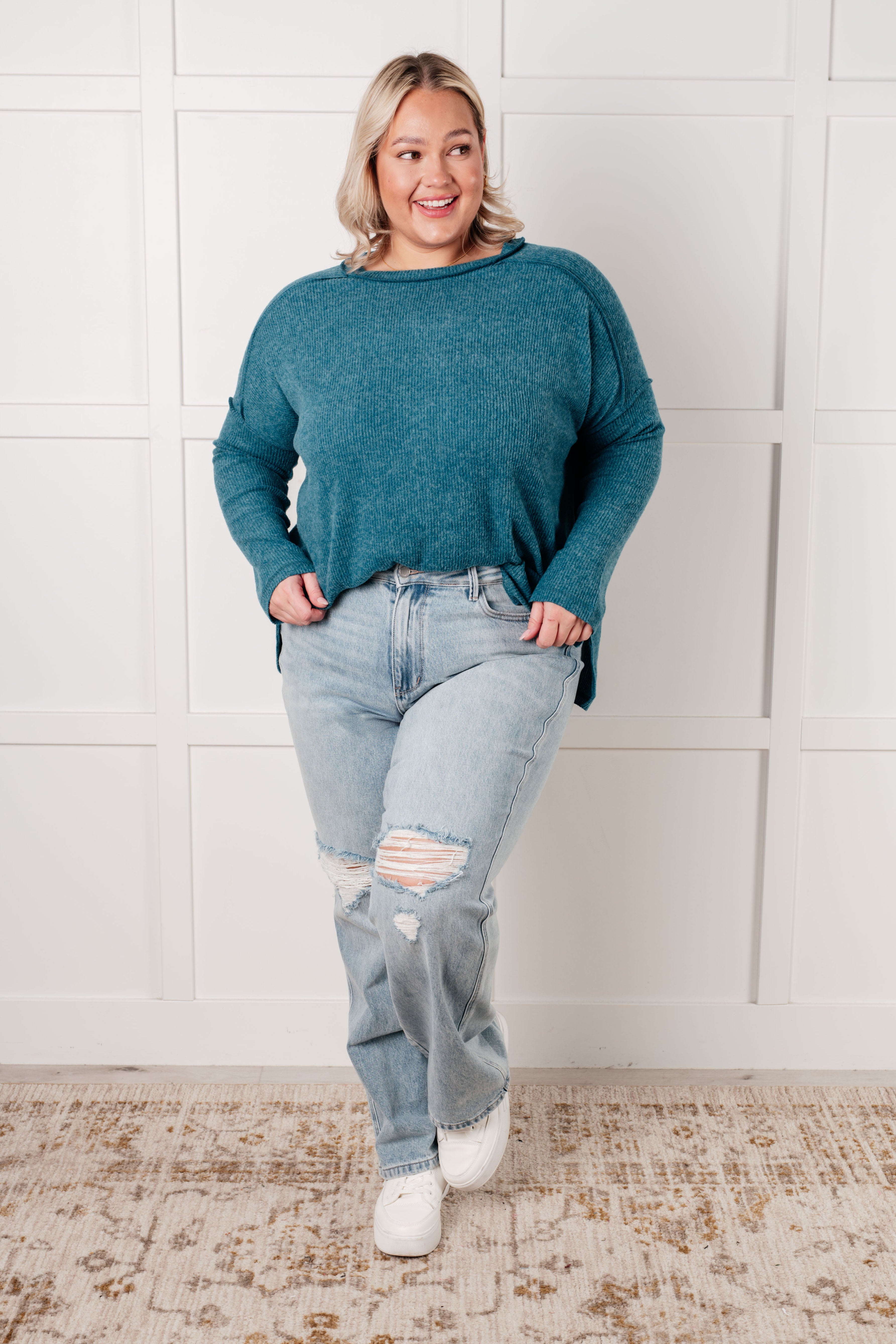 Zenana Simply Basic Ribbed Hacci Sweater in Teal Tops