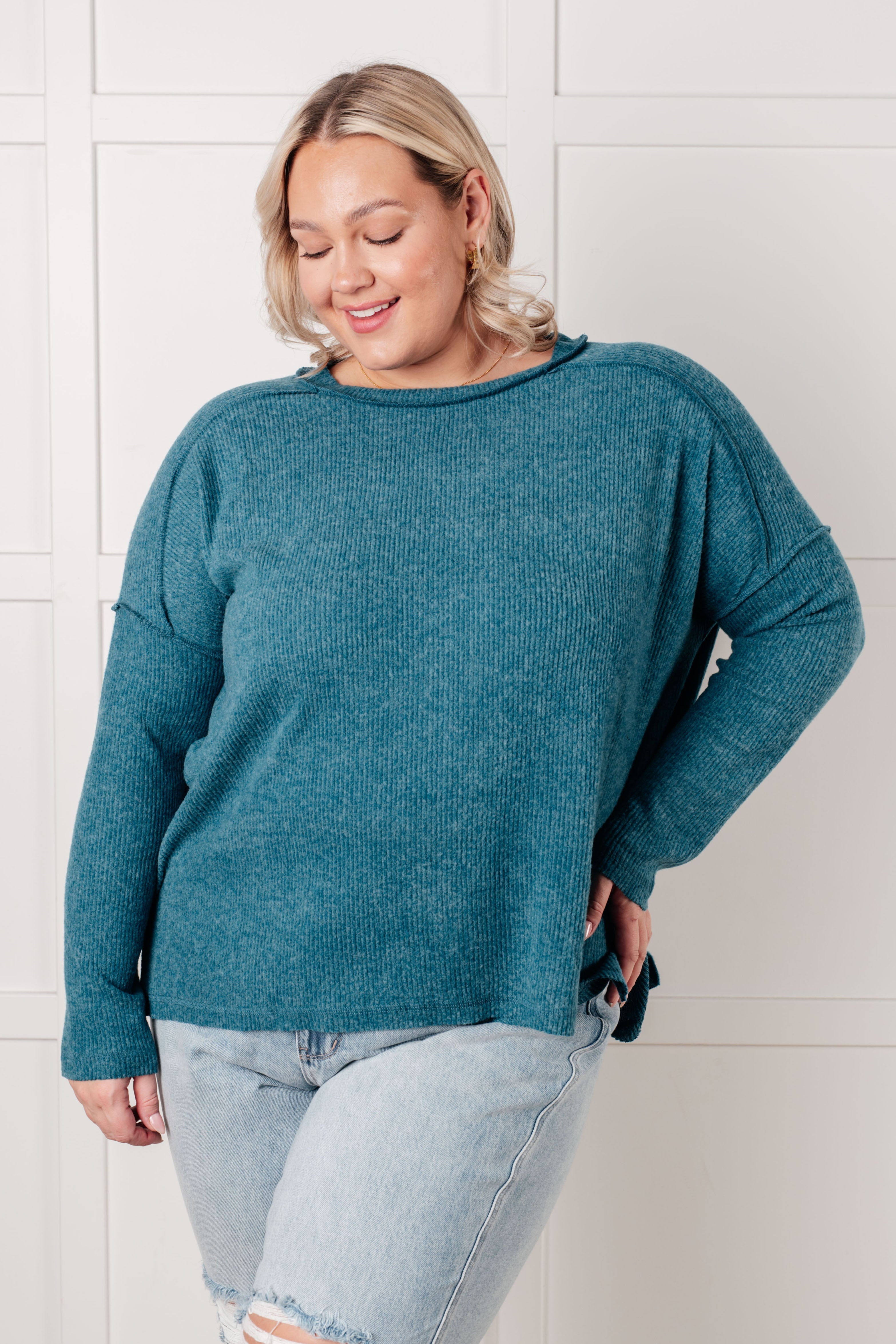Zenana Simply Basic Ribbed Hacci Sweater in Teal Tops