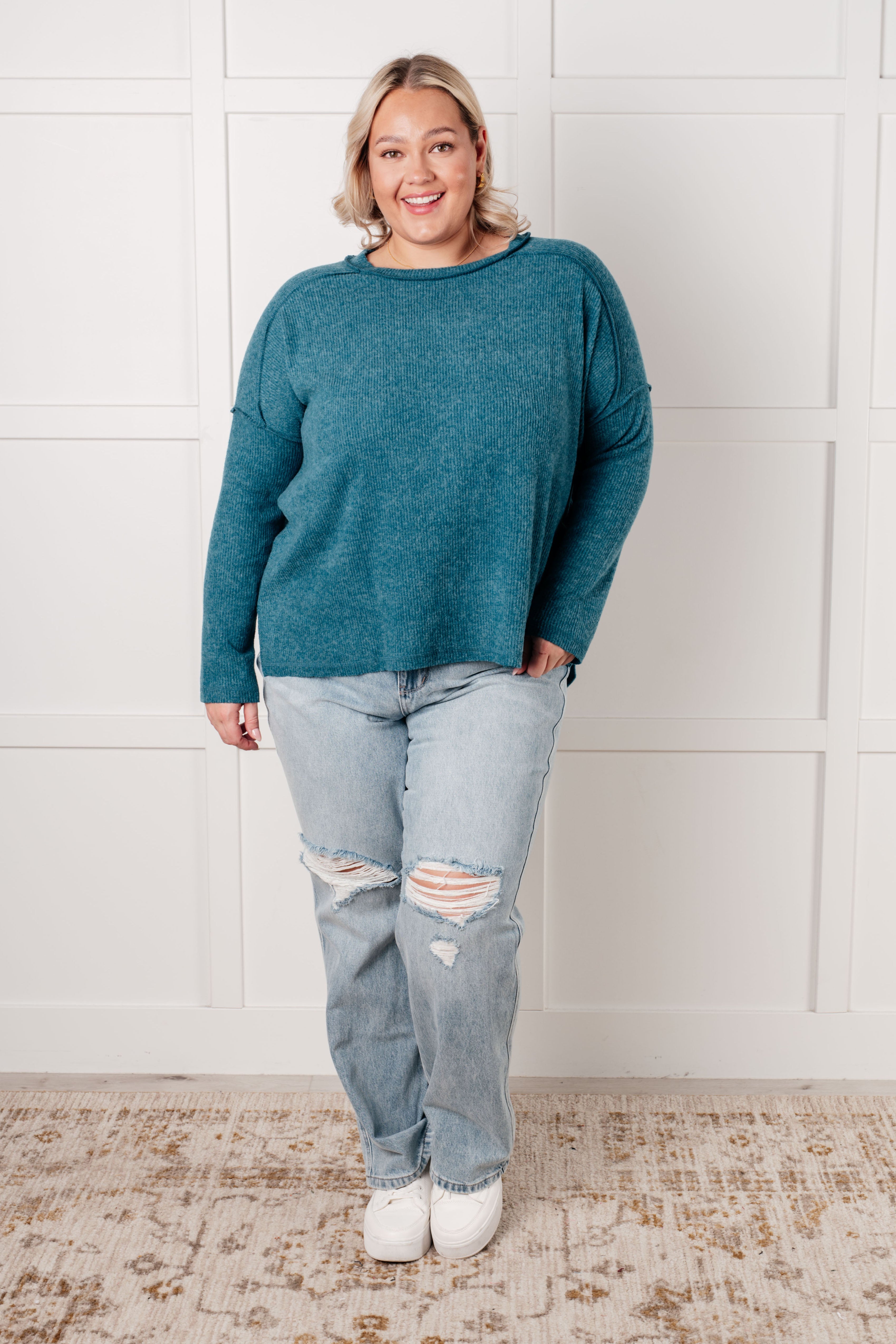 Zenana Simply Basic Ribbed Hacci Sweater in Teal Tops