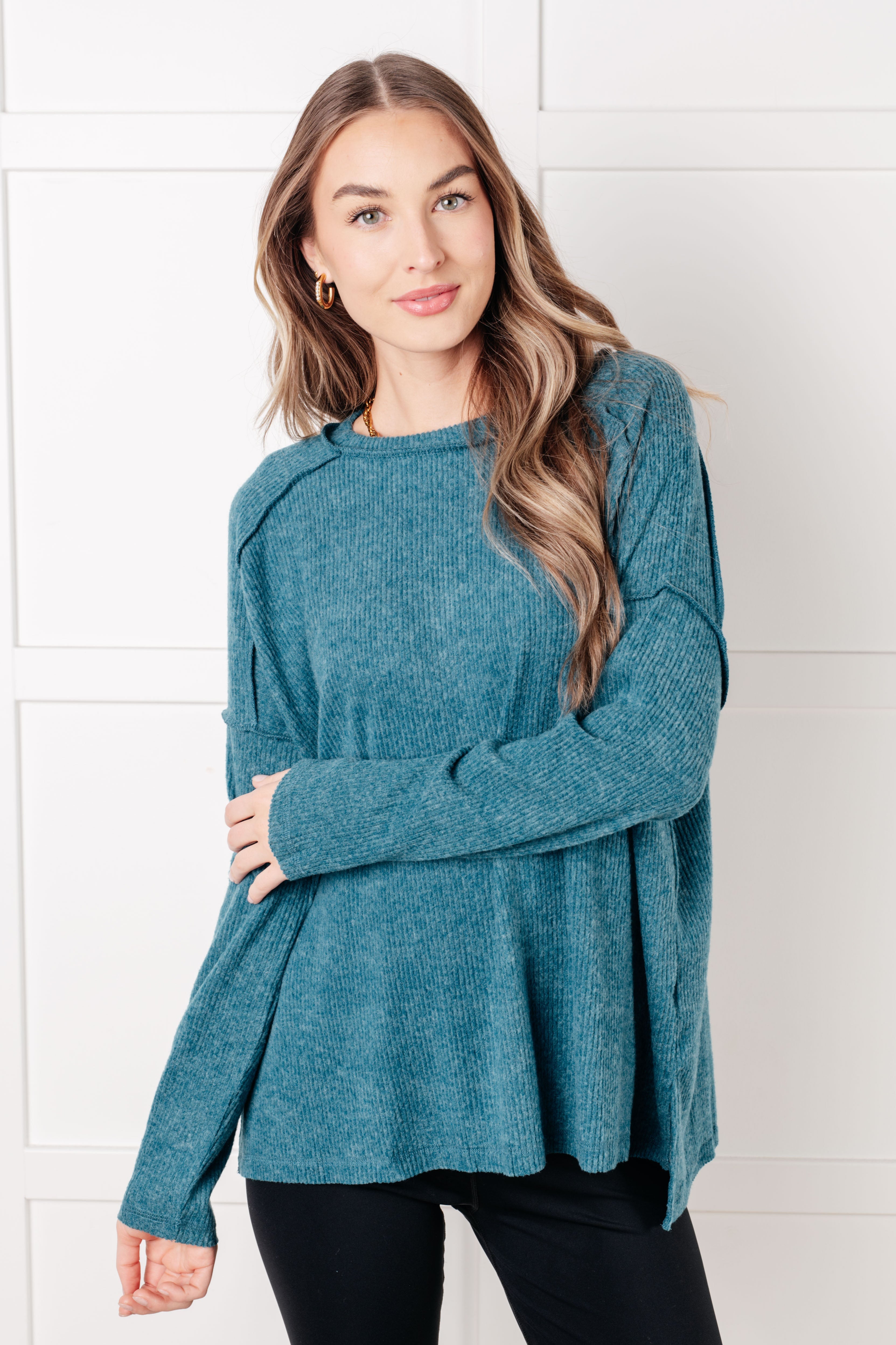 Zenana Simply Basic Ribbed Hacci Sweater in Teal Tops