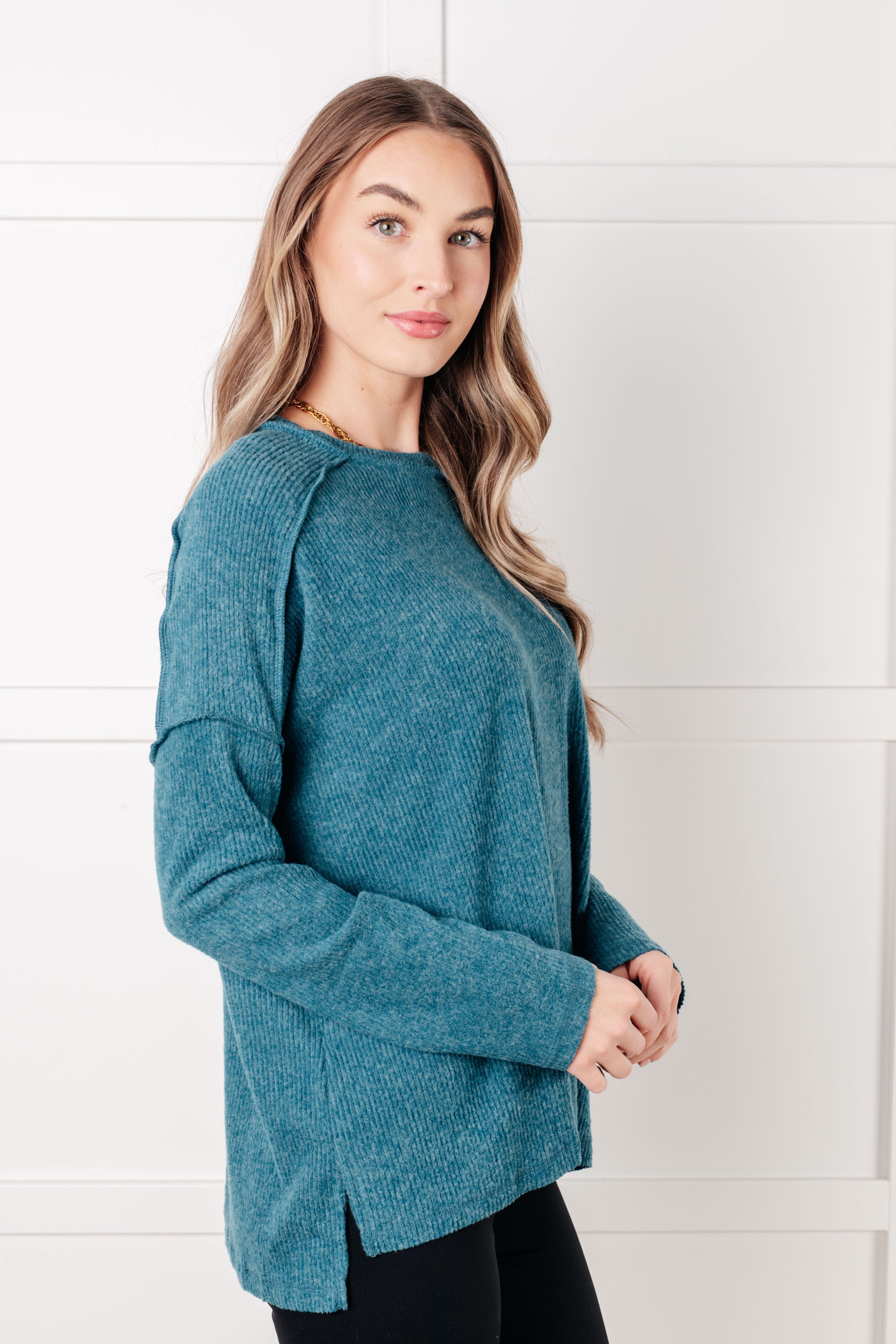 Zenana Simply Basic Ribbed Hacci Sweater in Teal Tops