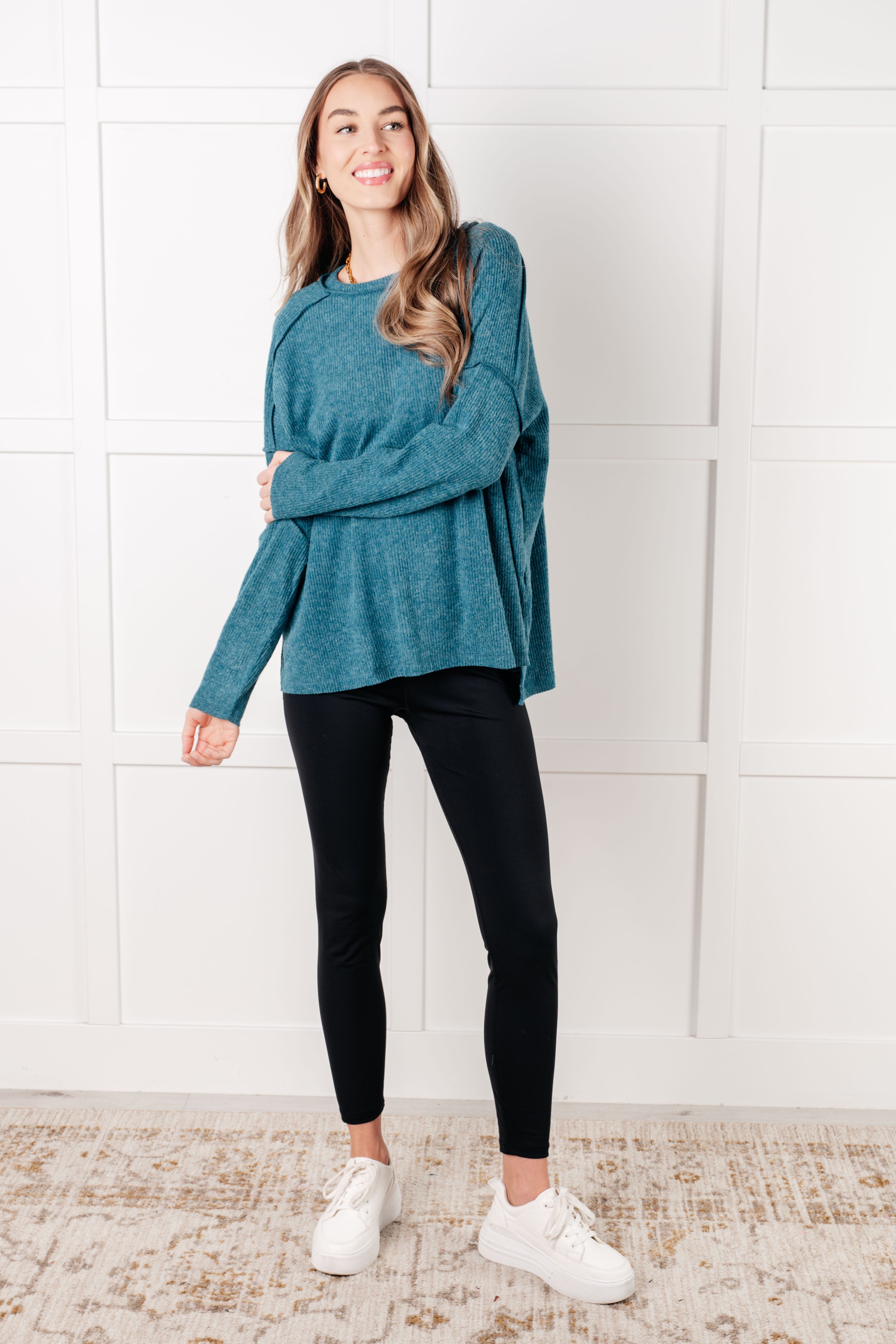 Zenana Simply Basic Ribbed Hacci Sweater in Teal Tops