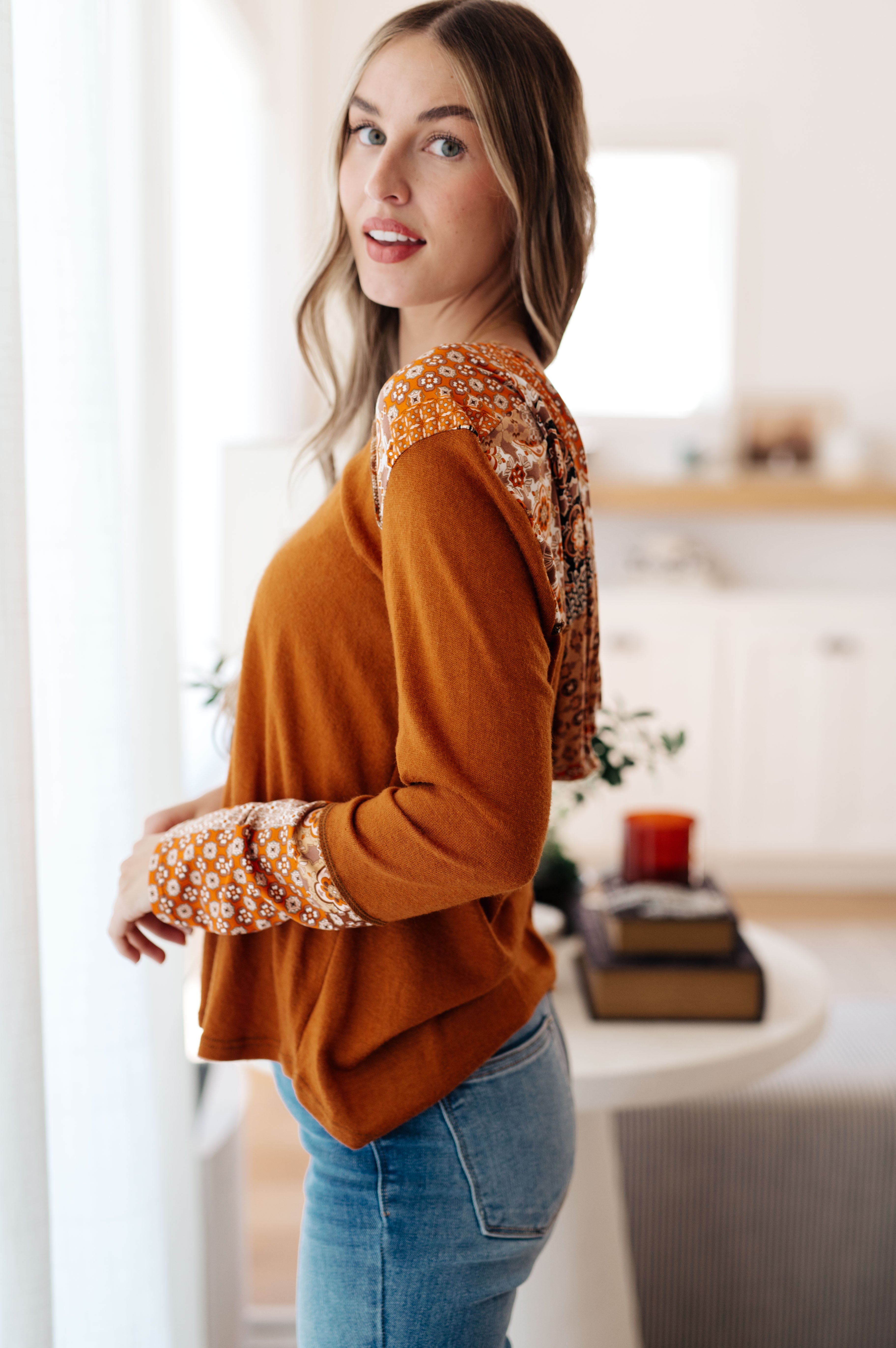 Haptics Rust Mixed Print Hoodie Tops