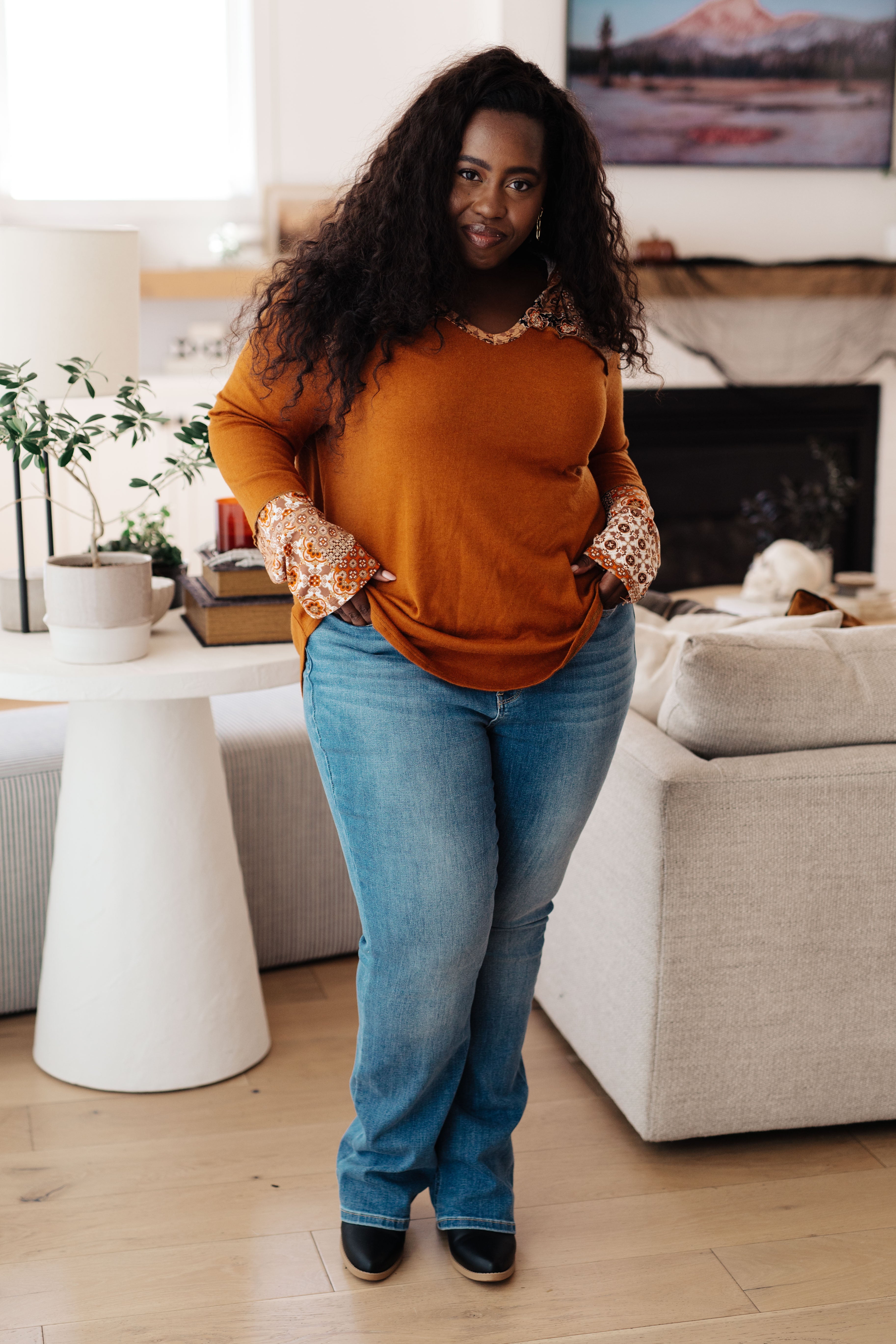 Haptics Rust Mixed Print Hoodie Tops