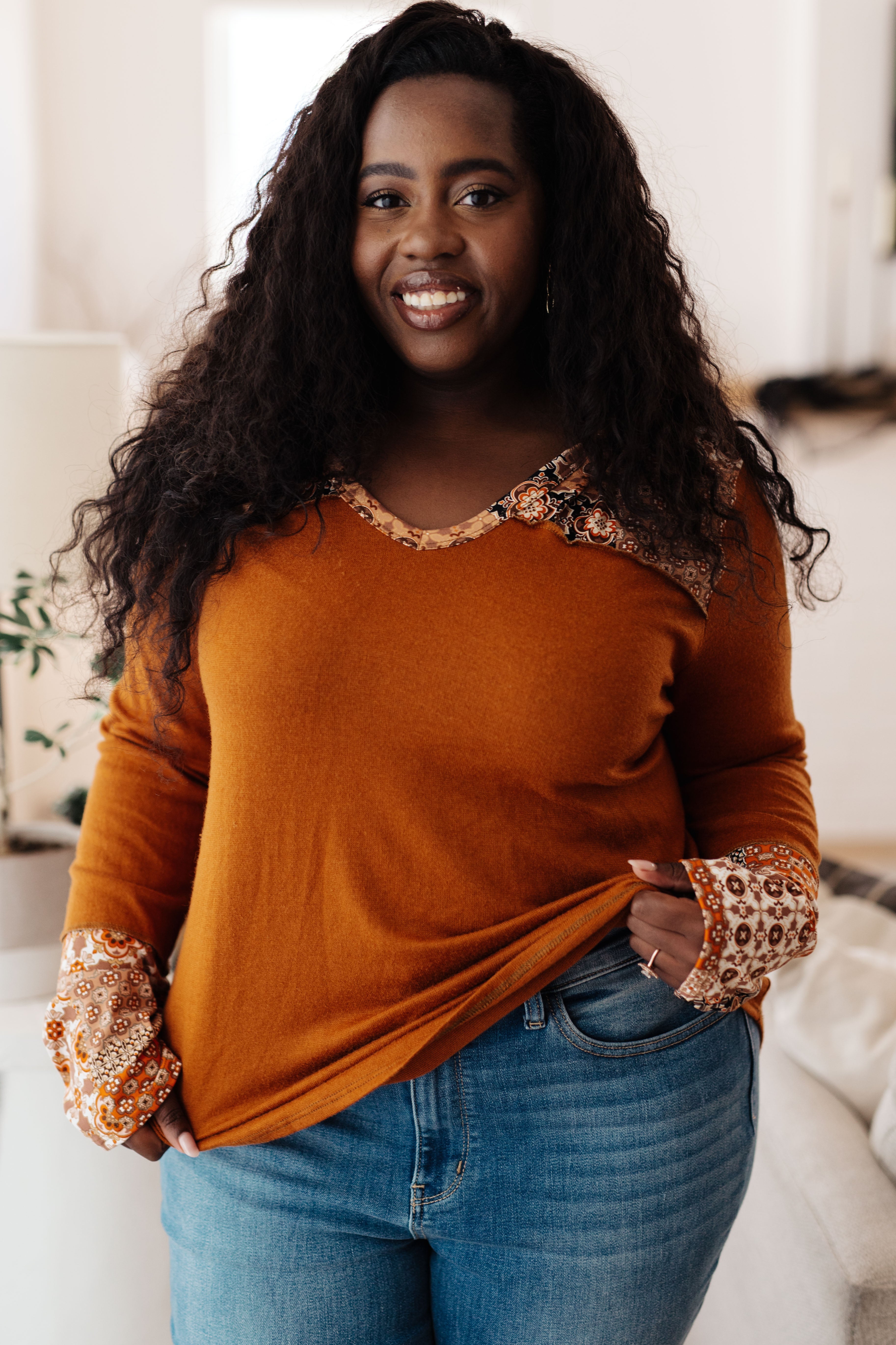 Haptics Rust Mixed Print Hoodie Tops