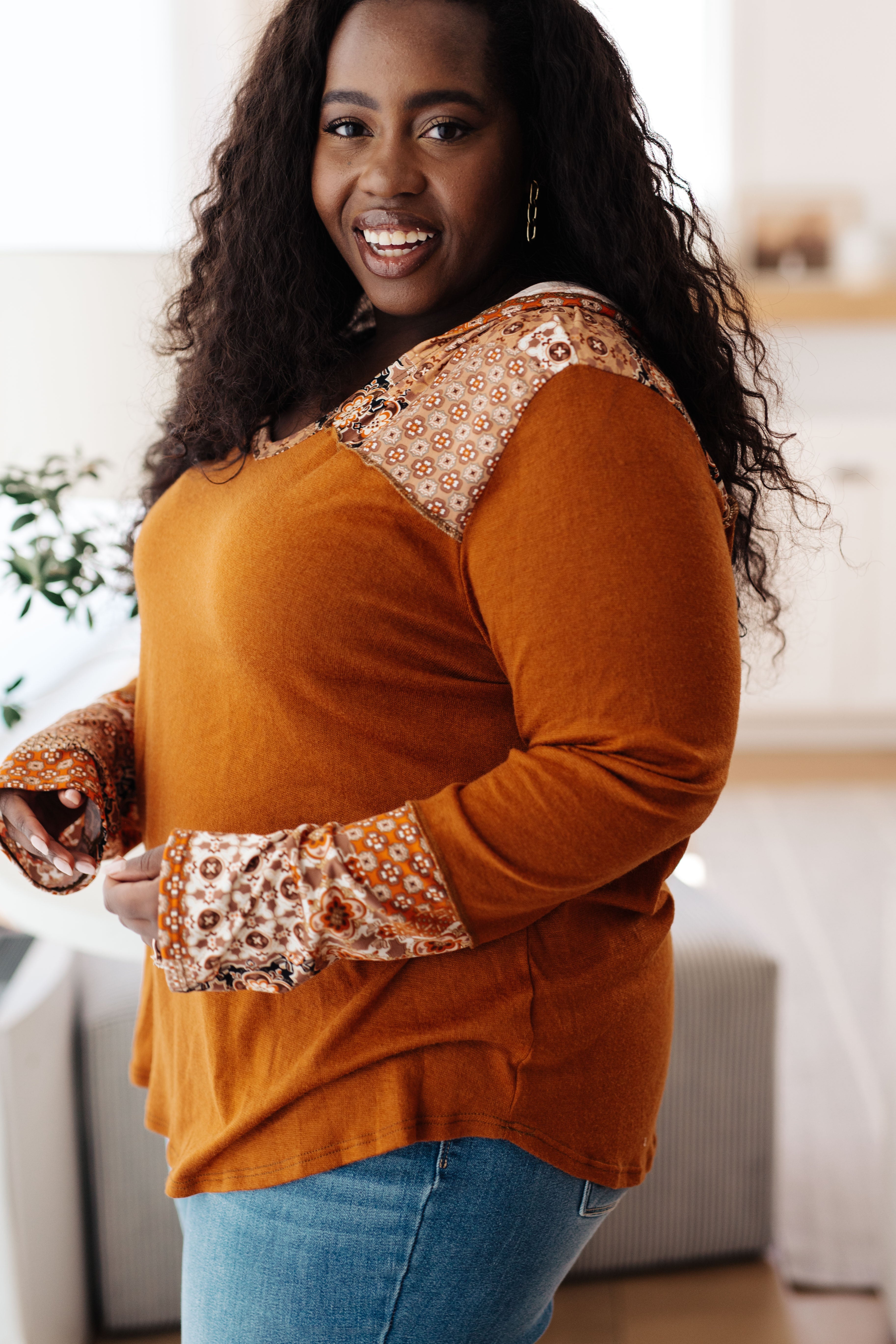 Haptics Rust Mixed Print Hoodie Tops