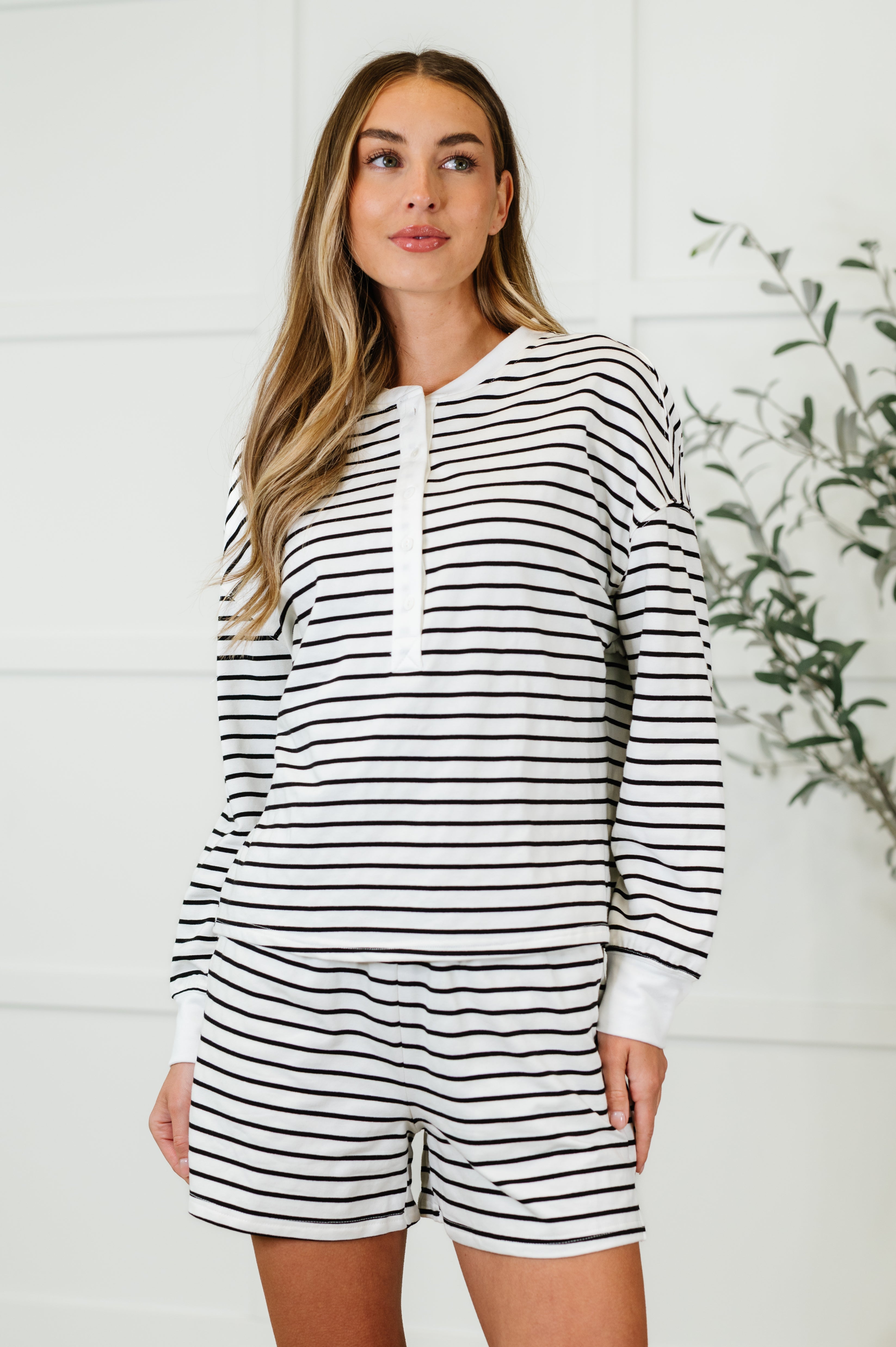One Eleven North Situationally Sound Striped Long Sleeve Top and Shorts Set Womens