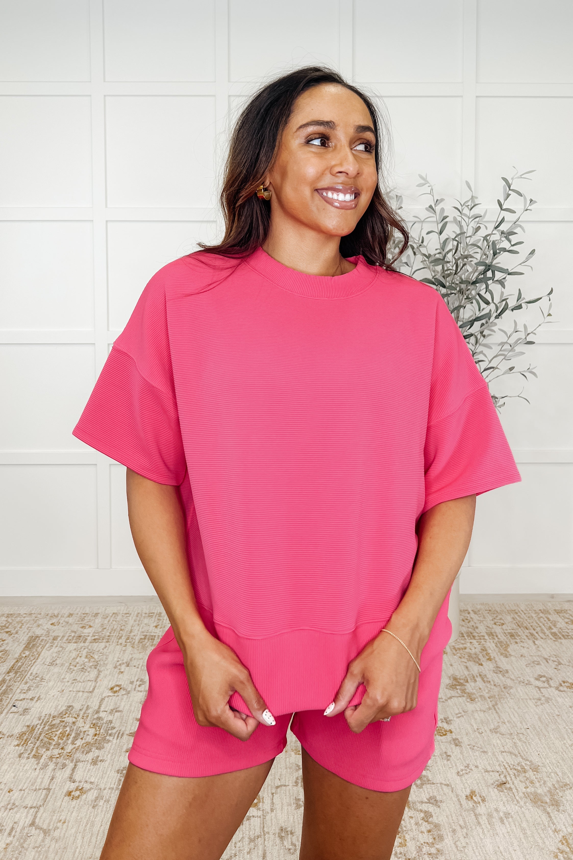 Zenana Slow Sunday Ribbed Knit Set in Hot Pink Womens