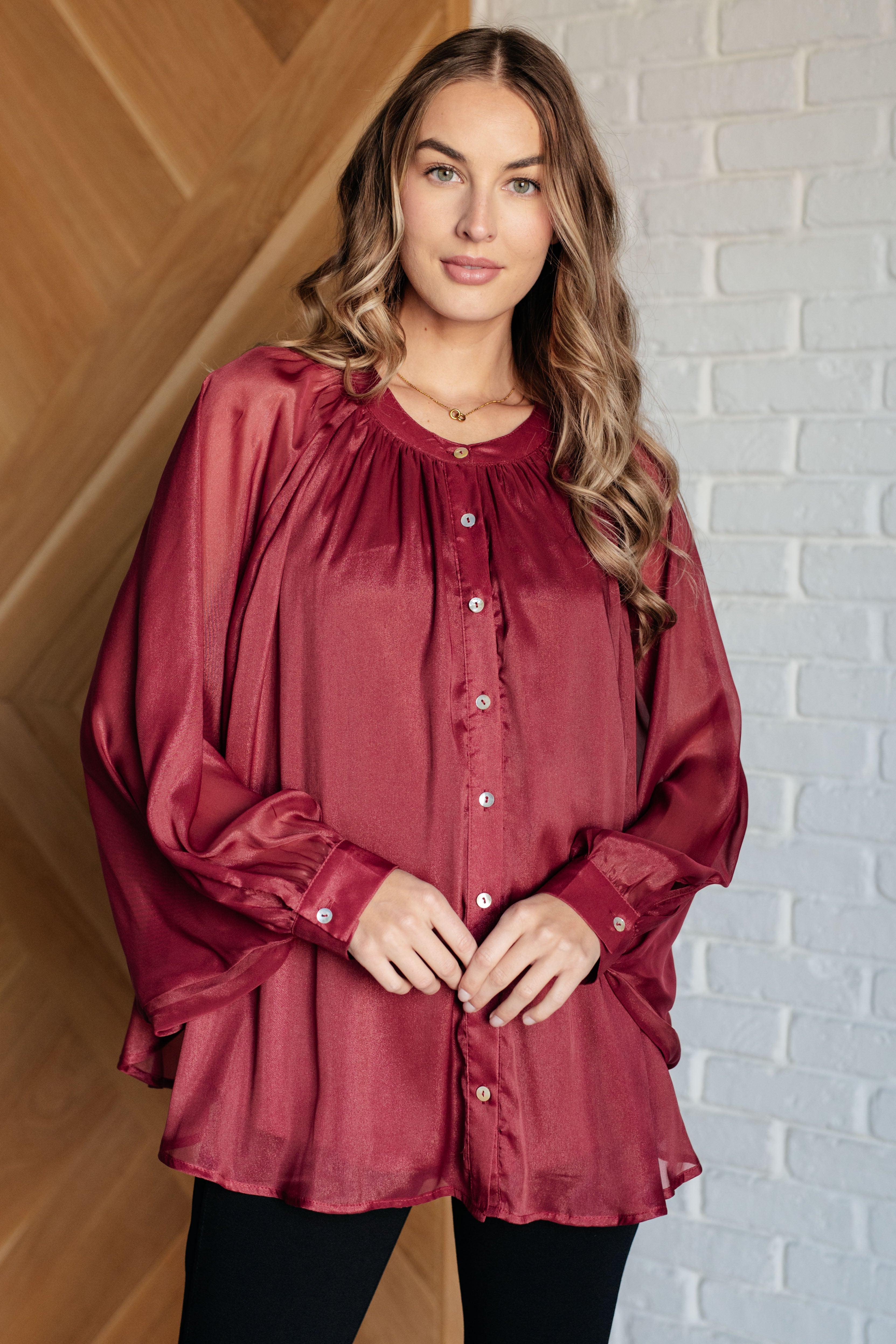 Jodifl Smiles and Pouts Bat Sleeve Button Down Blouses