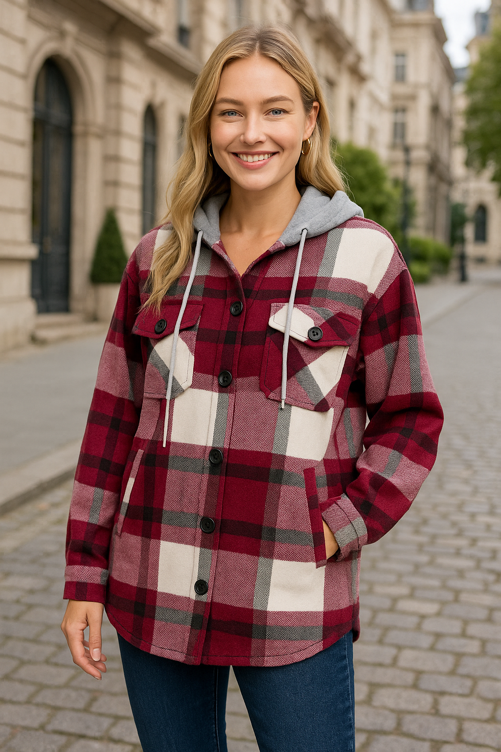 Zenana Cabernet Plaid Drawstring Hooded Fleece Shacket CABERNET