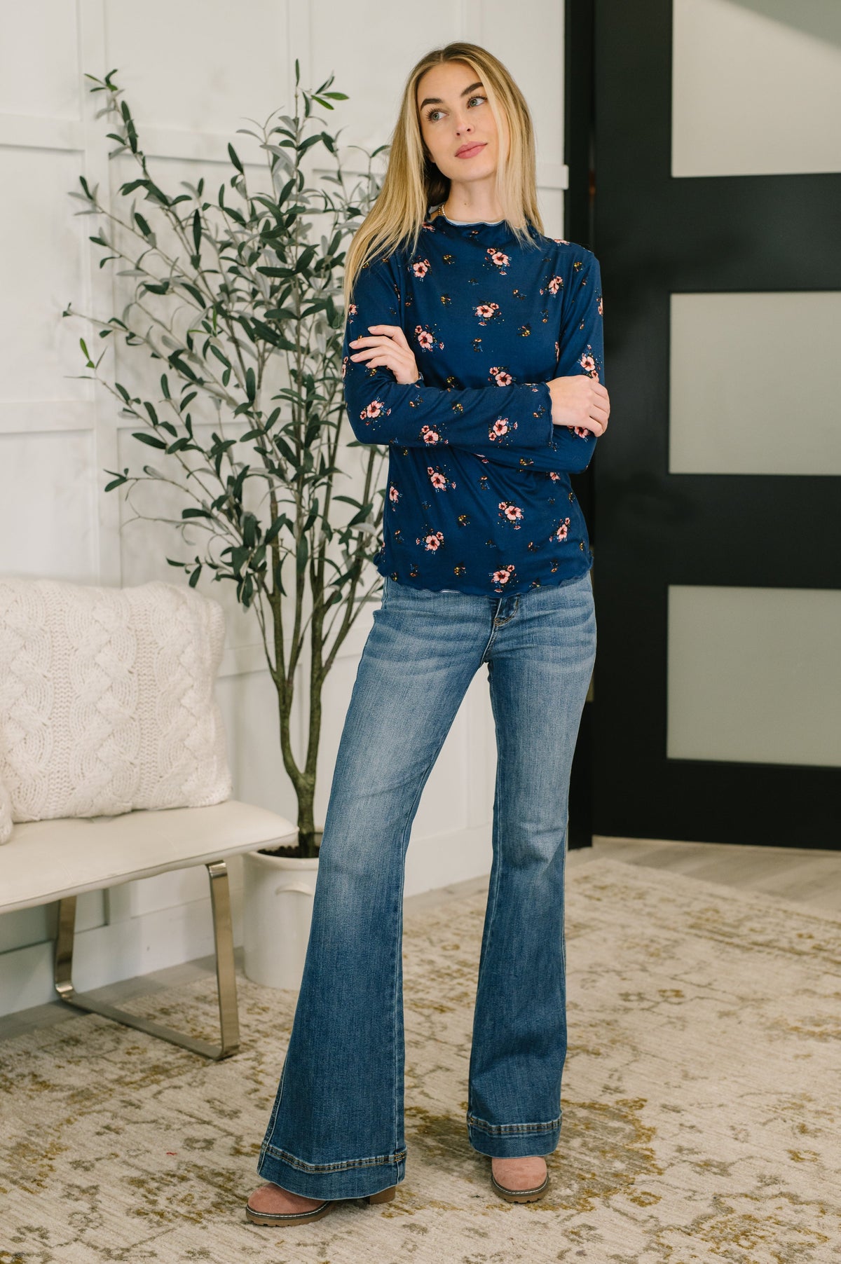 Haptics Something in the Air Lettuce Hem Longsleeve Top in Navy Tops