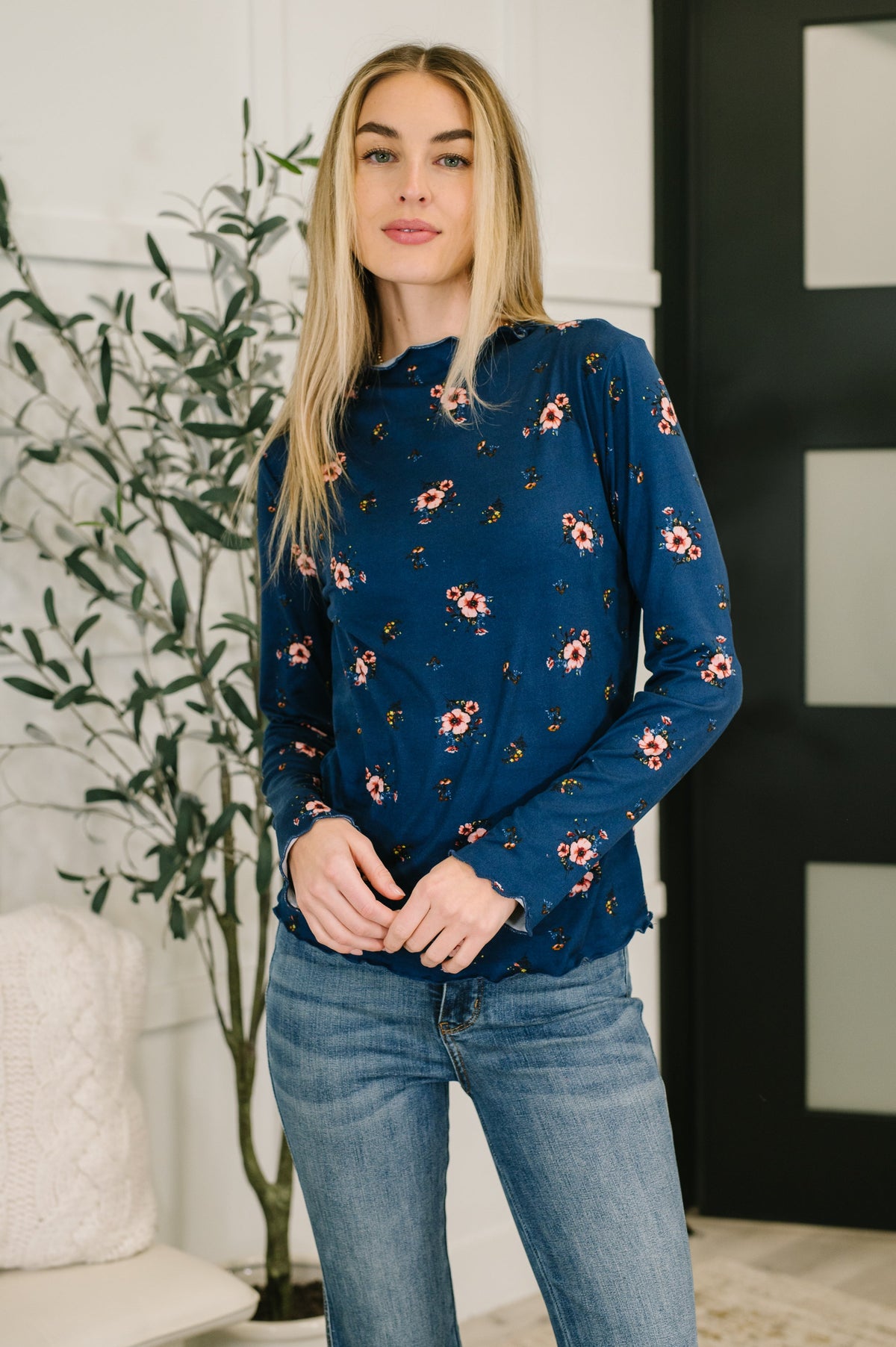 Haptics Something in the Air Lettuce Hem Longsleeve Top in Navy Tops