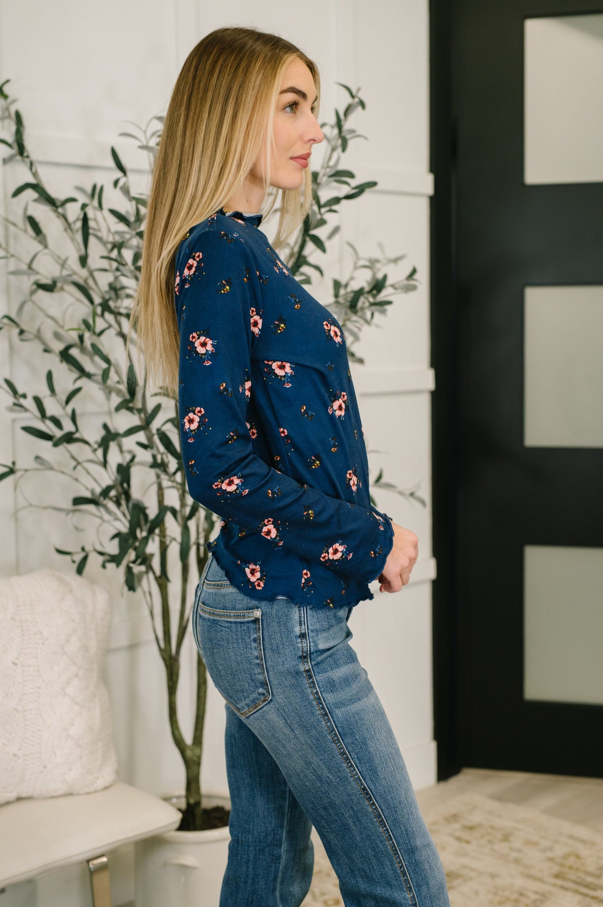 Haptics Something in the Air Lettuce Hem Longsleeve Top in Navy Tops