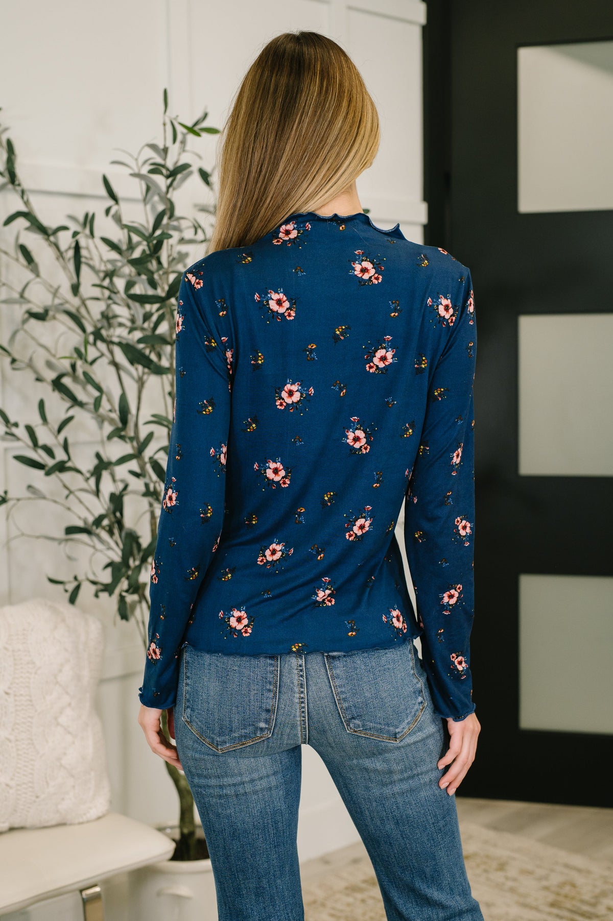 Haptics Something in the Air Lettuce Hem Longsleeve Top in Navy Tops
