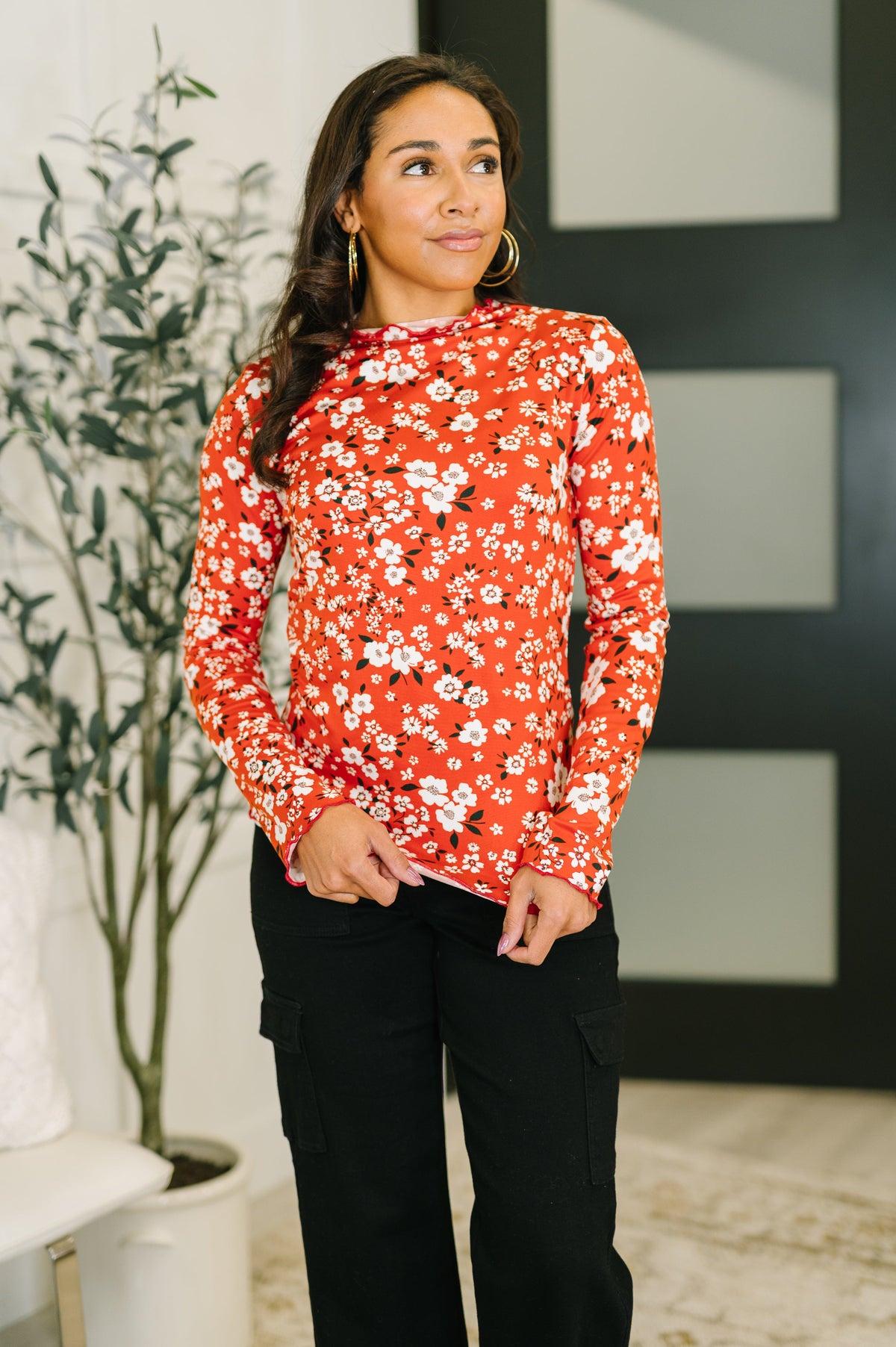 Haptics Somethings in the Air Lettuce Hem Longsleeve Top in Vermillion Womens