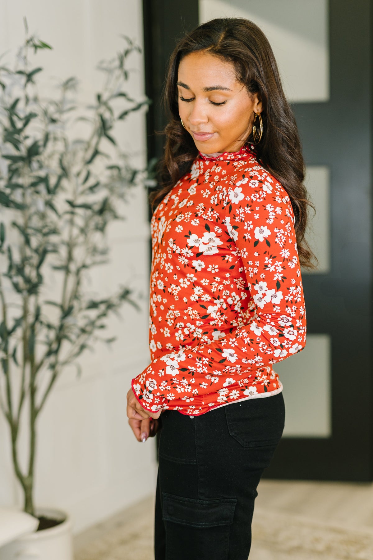 Haptics Somethings in the Air Lettuce Hem Longsleeve Top in Vermillion Womens
